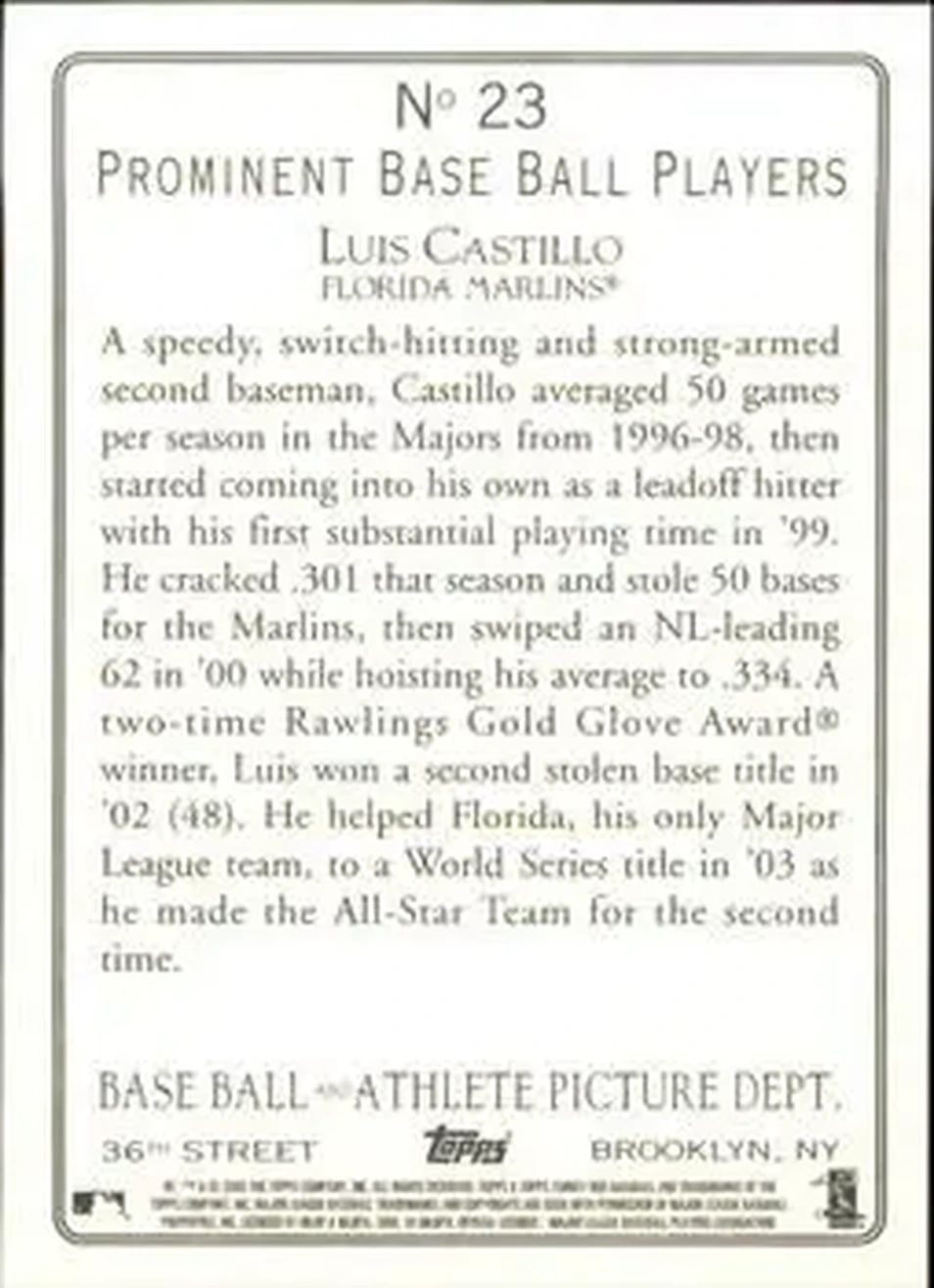 2005 Topps Turkey Red #23 - Luis Castillo - Florida Marlins - Back
