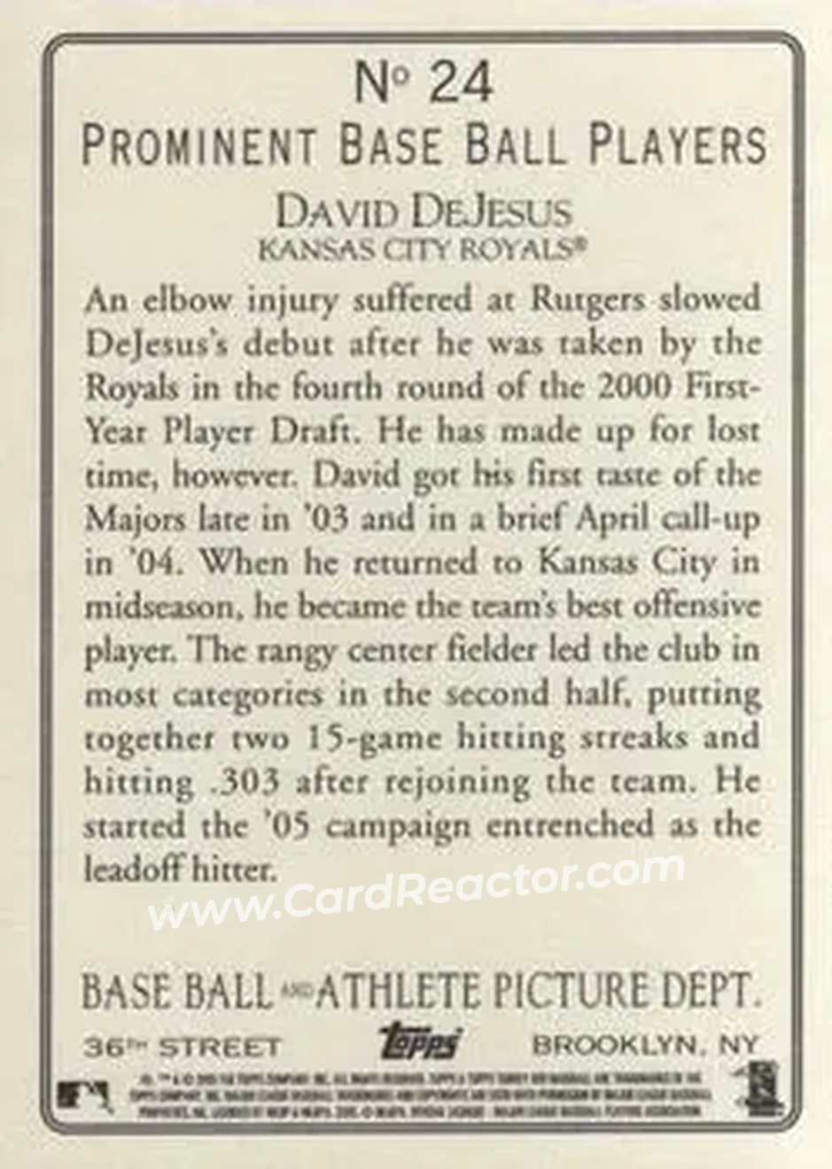 2005 Topps Turkey Red #24 - David DeJesus - Kansas City Royals - Back