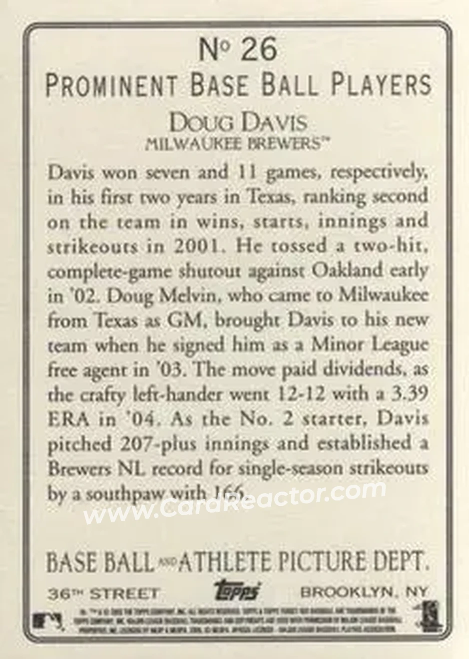 2005 Topps Turkey Red #26 - Doug Davis - Milwaukee Brewers - Back