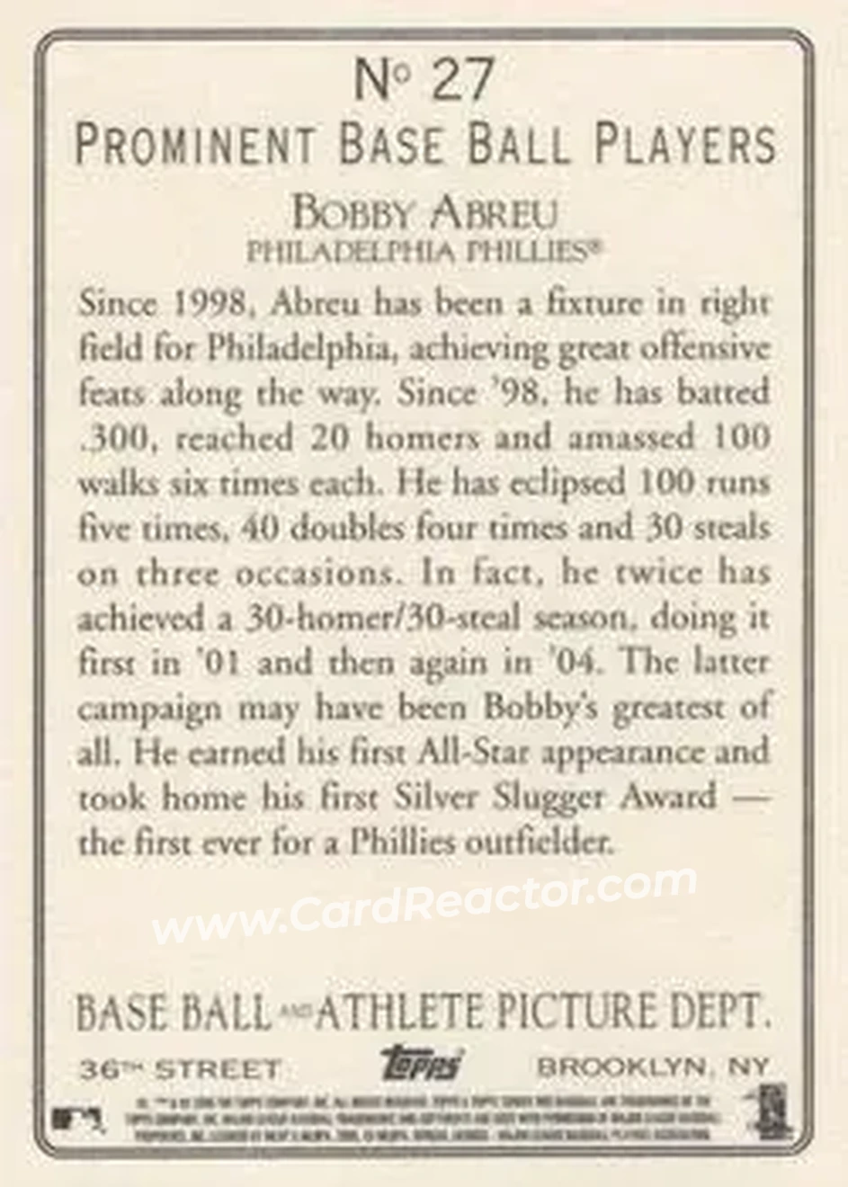 2005 Topps Turkey Red #27 - Bob Abreu - Philadelphia Phillies - Back