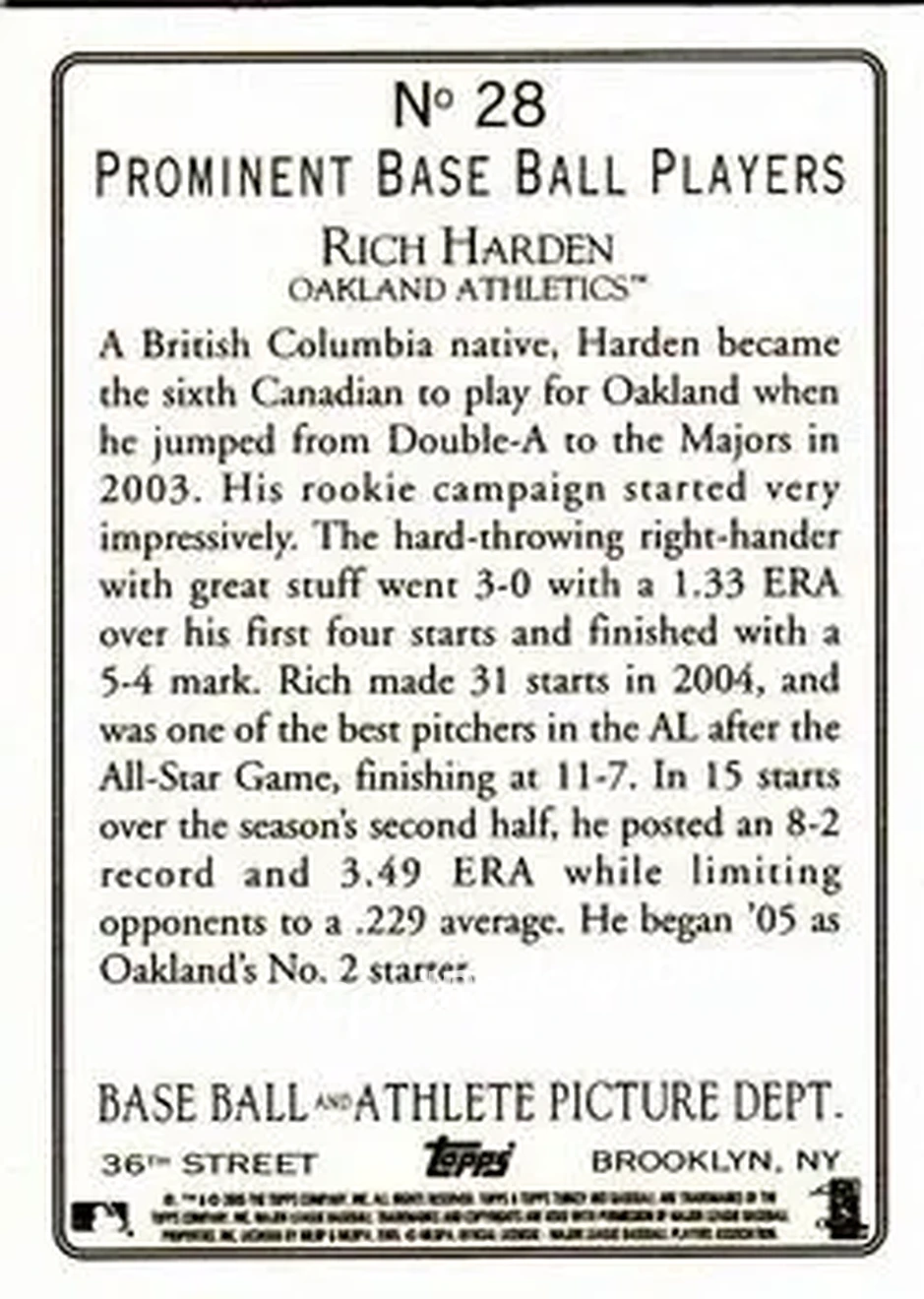 2005 Topps Turkey Red #28 - Rich Harden - Oakland Athletics - Back
