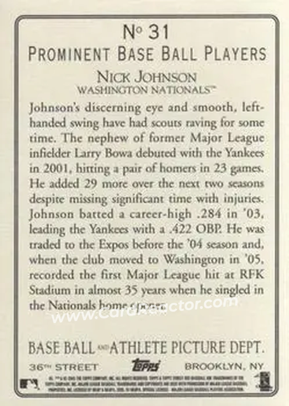 2005 Topps Turkey Red #31 - Nick Johnson - Washington Nationals - Back 2005 Topps Turkey Red #31 - Nick Johnson - Washington Nationals - Back
