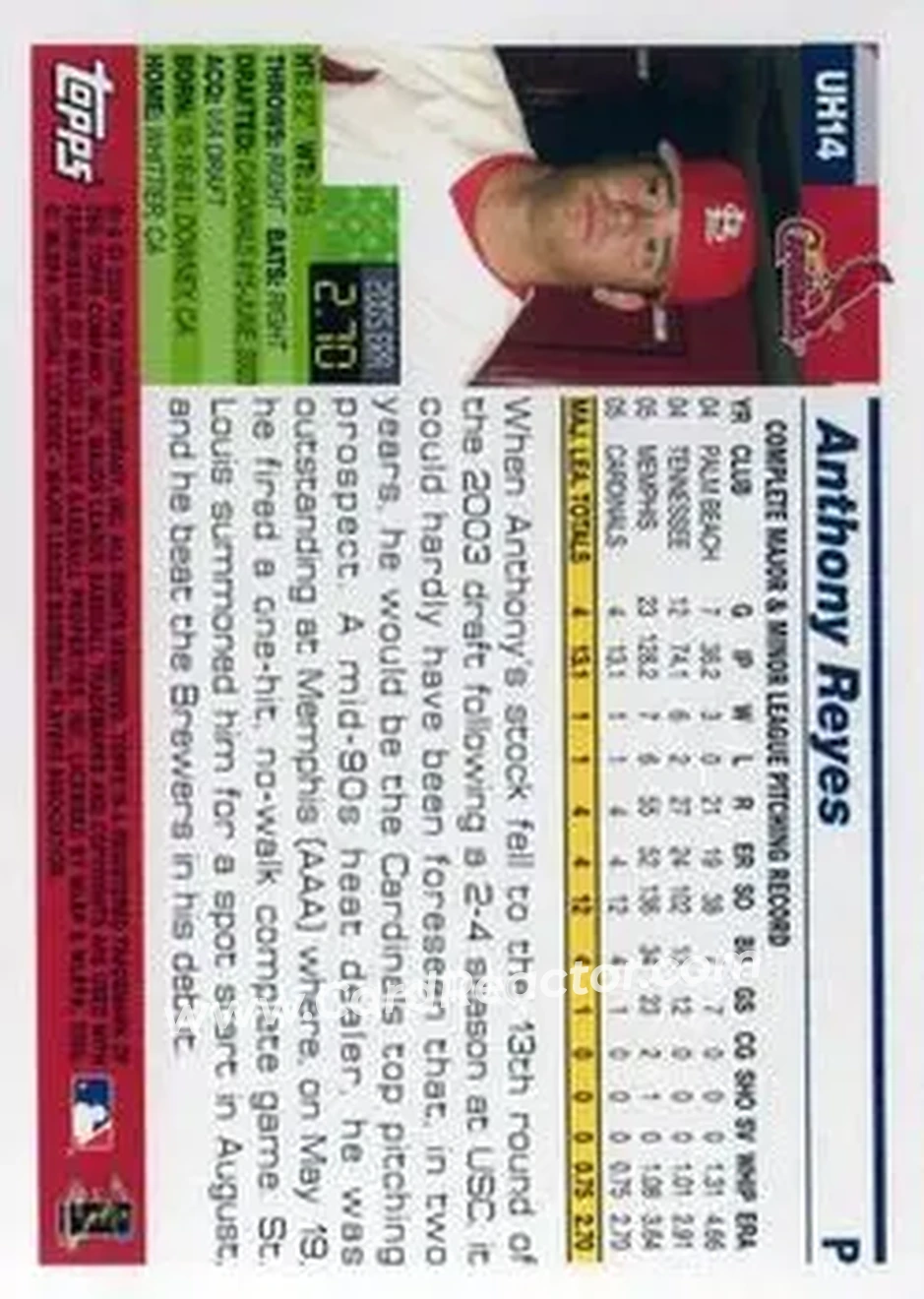 2005 Topps Updates & Highlights #UH14 - Anthony Reyes - St. Louis Cardinals - Back