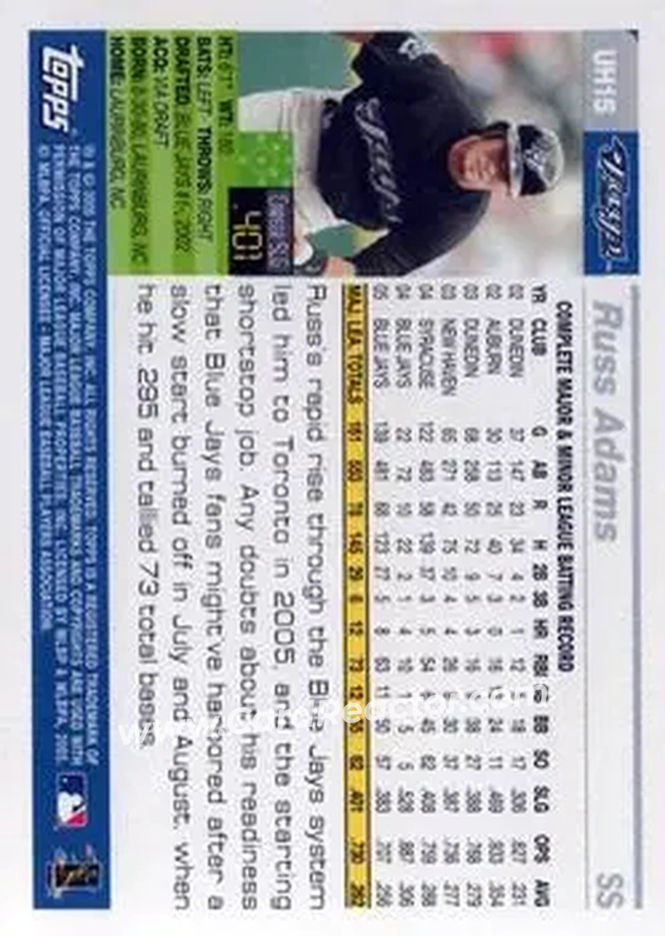 2005 Topps Updates & Highlights #UH15 - Russ Adams - Toronto Blue Jays - Back