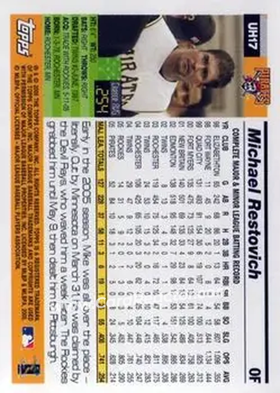 2005 Topps Updates & Highlights #UH17 - Michael Restovich - Pittsburgh Pirates - Back
