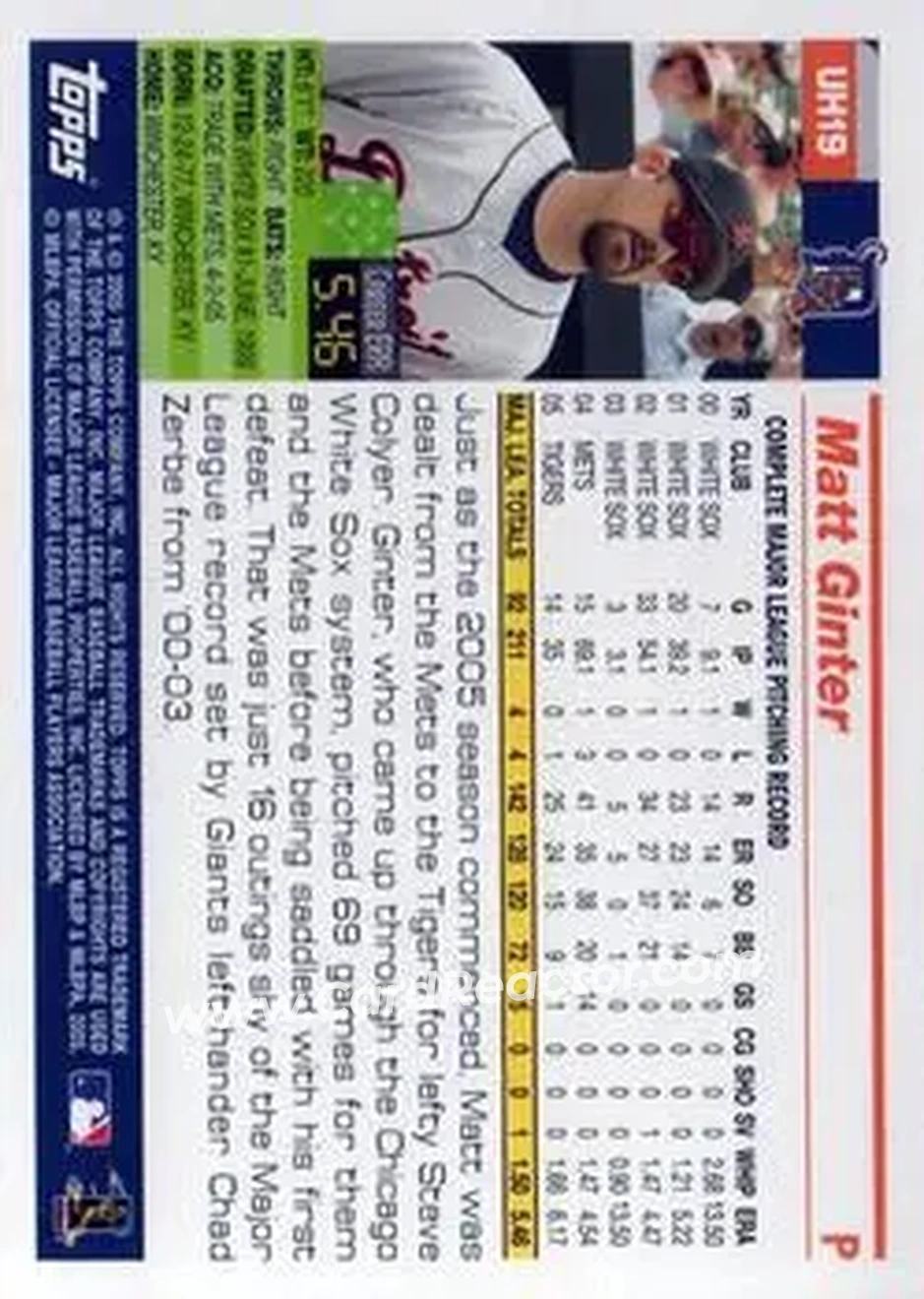 2005 Topps Updates & Highlights #UH19 - Matt Ginter - Detroit Tigers - Back
