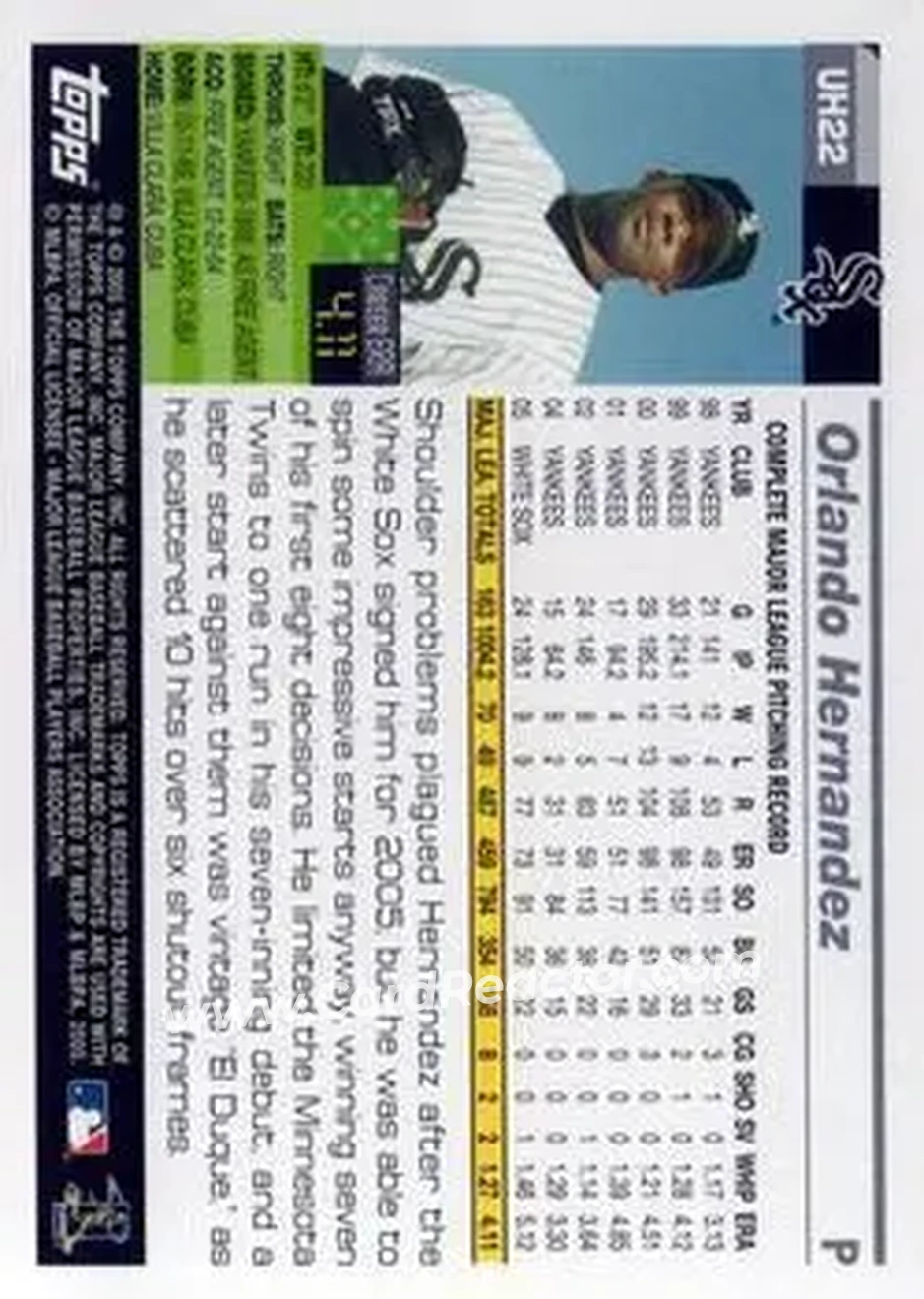 2005 Topps Updates & Highlights #UH22 - Orlando Hernandez - Chicago White Sox - Back