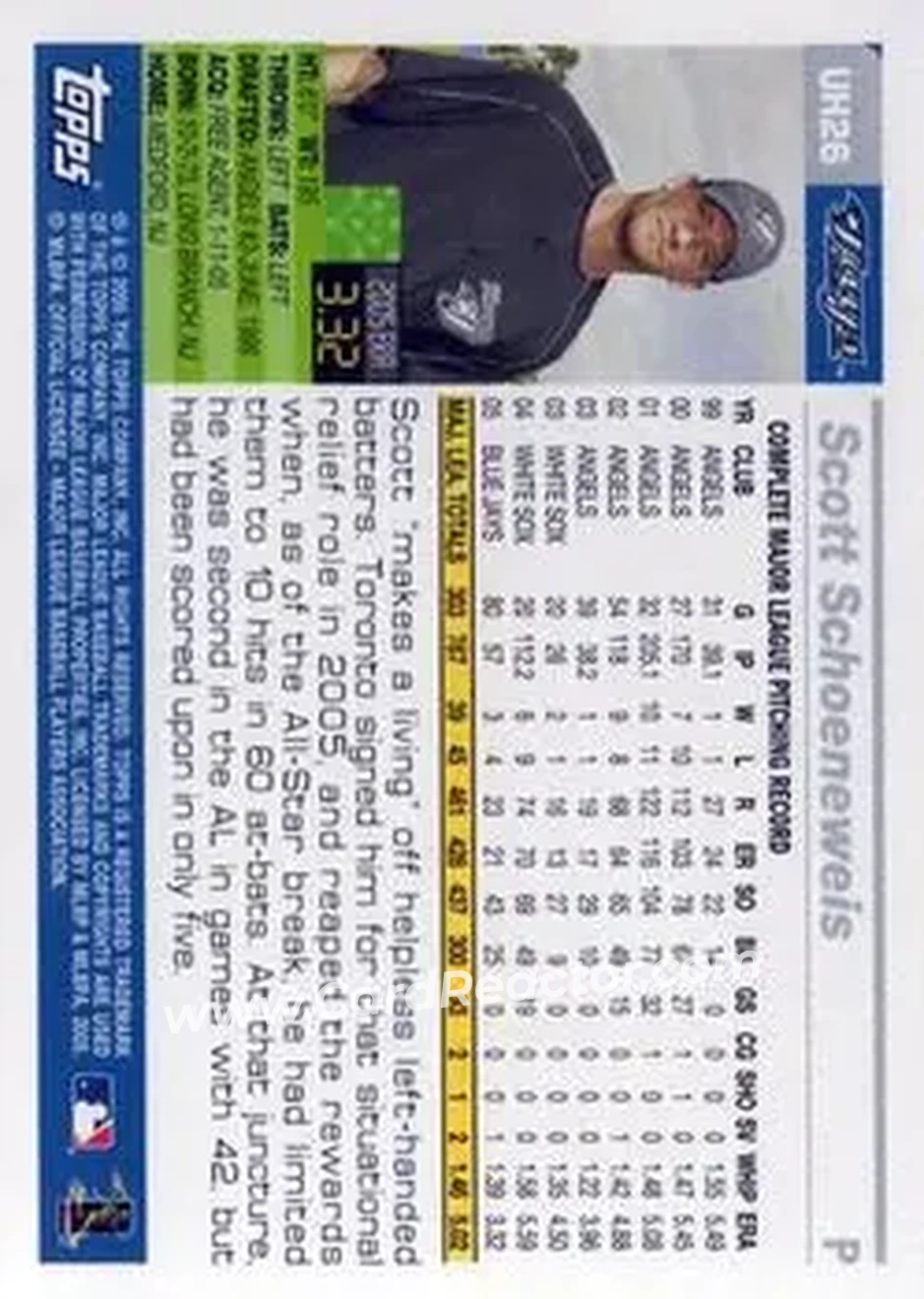 2005 Topps Updates & Highlights #UH26 - Scott Schoeneweis - Toronto Blue Jays - Back