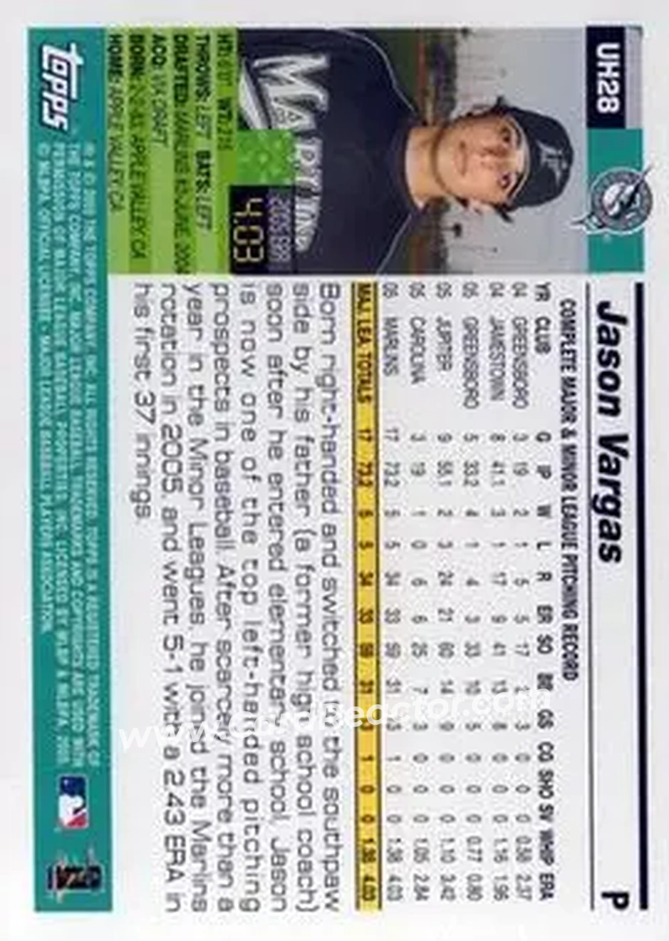 2005 Topps Updates & Highlights #UH28 - Jason Vargas - Florida Marlins - Back 2005 Topps Updates & Highlights #UH28 - Jason Vargas - Florida Marlins - Back