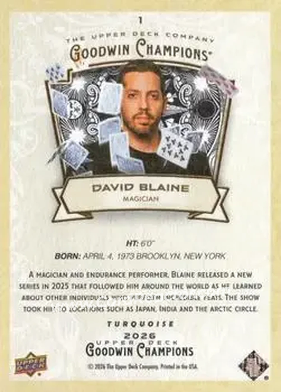 2026 Upper Deck Goodwin Champions - Turquoise #1 - David Blaine - Back 2026 Upper Deck Goodwin Champions - Turquoise #1 - David Blaine - Back