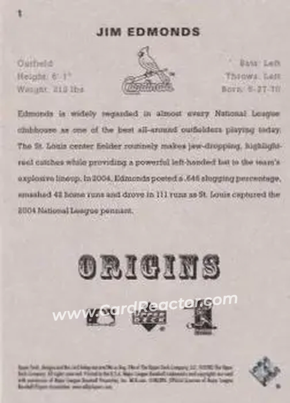 2005 UD Origins #1 - Jim Edmonds - St. Louis Cardinals - Back 2005 UD Origins #1 - Jim Edmonds - St. Louis Cardinals - Back