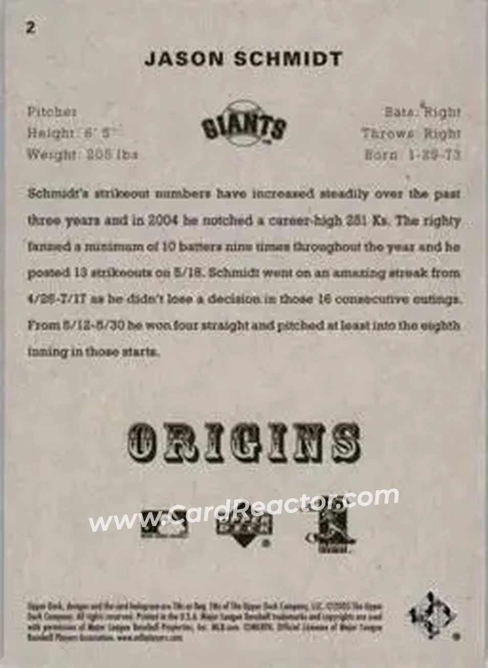2005 UD Origins #2 - Jason Schmidt - San Francisco Giants - Back