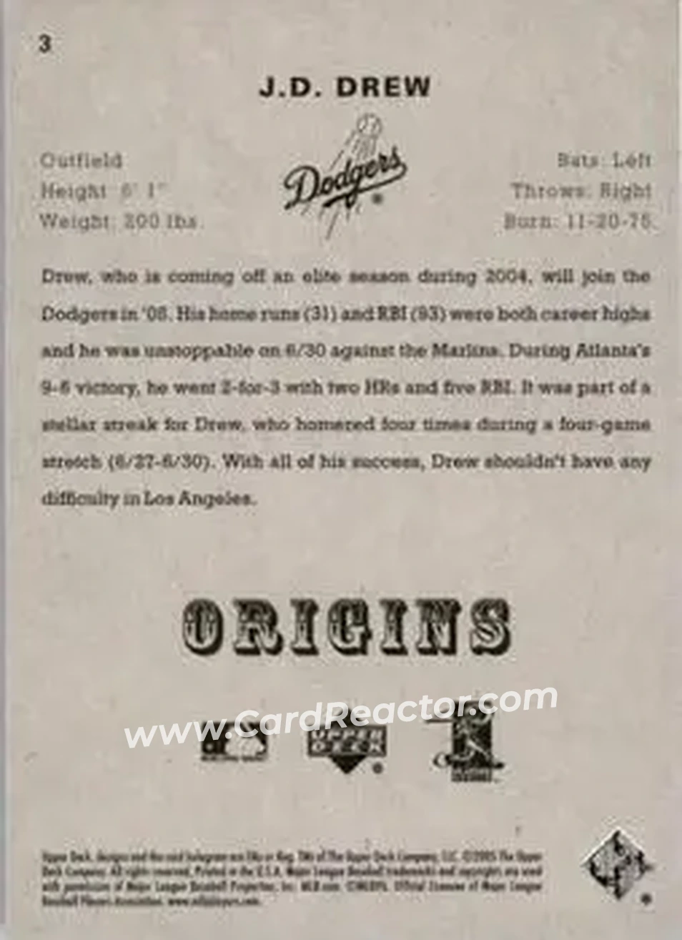 2005 UD Origins #3 - J.D. Drew - Los Angeles Dodgers - Back