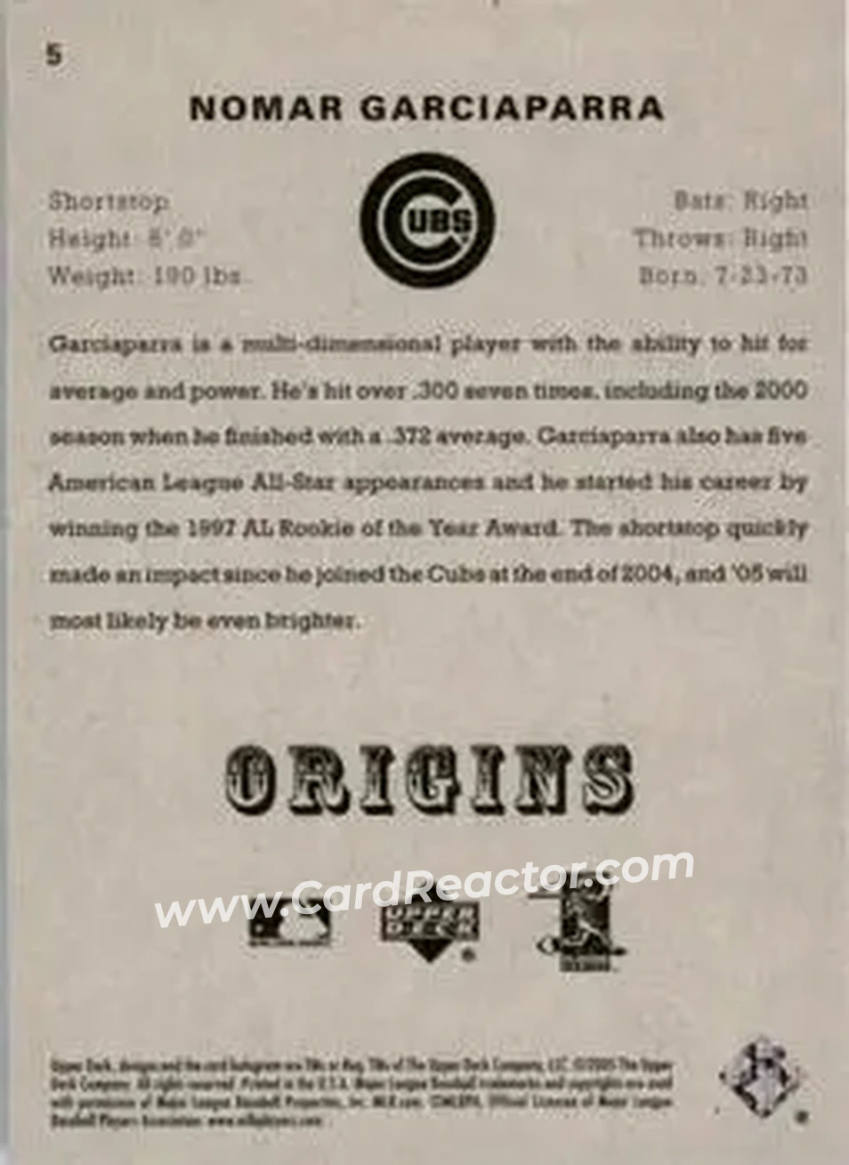 2005 UD Origins #5 - Nomar Garciaparra - Chicago Cubs - Back