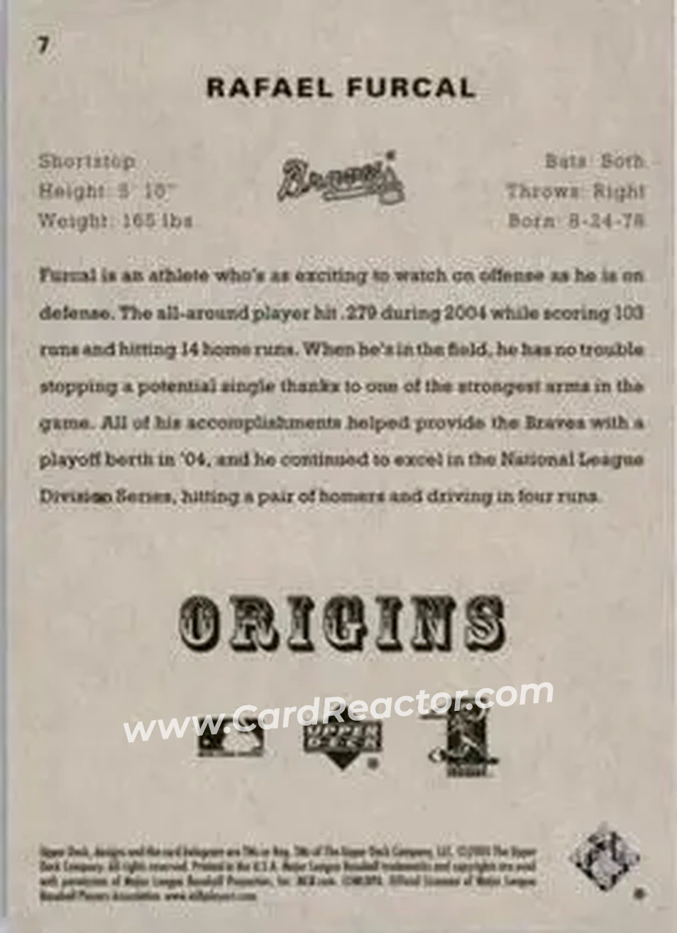 2005 UD Origins #7 - Rafael Furcal - Atlanta Braves - Back