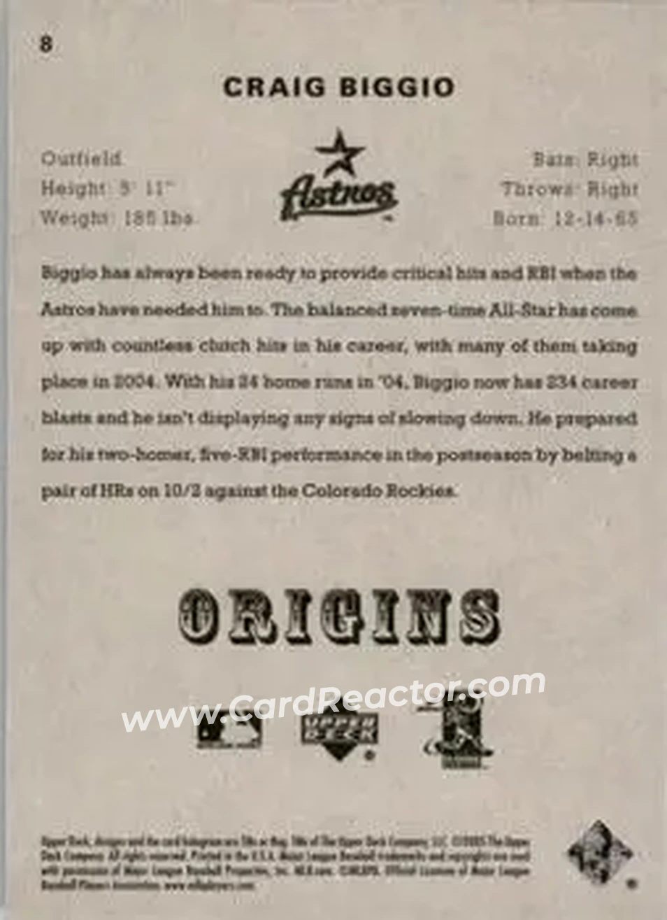 2005 UD Origins #8 - Craig Biggio - Houston Astros - Back