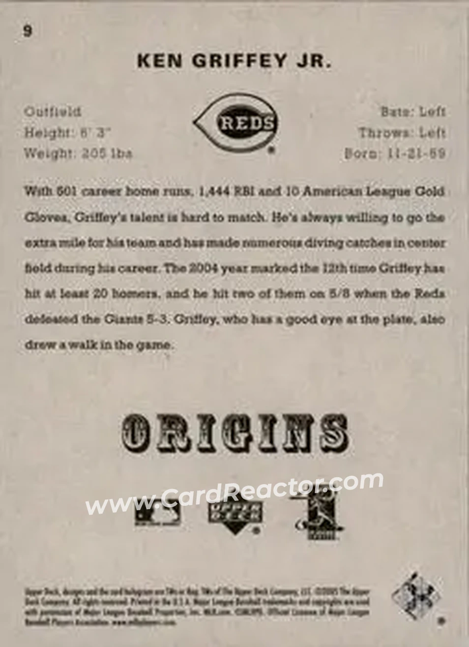 2005 UD Origins #9 - Ken Griffey Jr. - Cincinnati Reds - Back 2005 UD Origins #9 - Ken Griffey Jr. - Cincinnati Reds - Back
