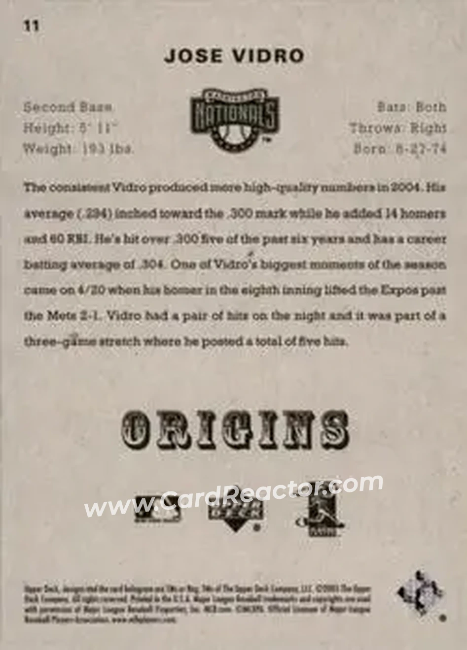 2005 UD Origins #11 - Jose Vidro - Washington Nationals - Back