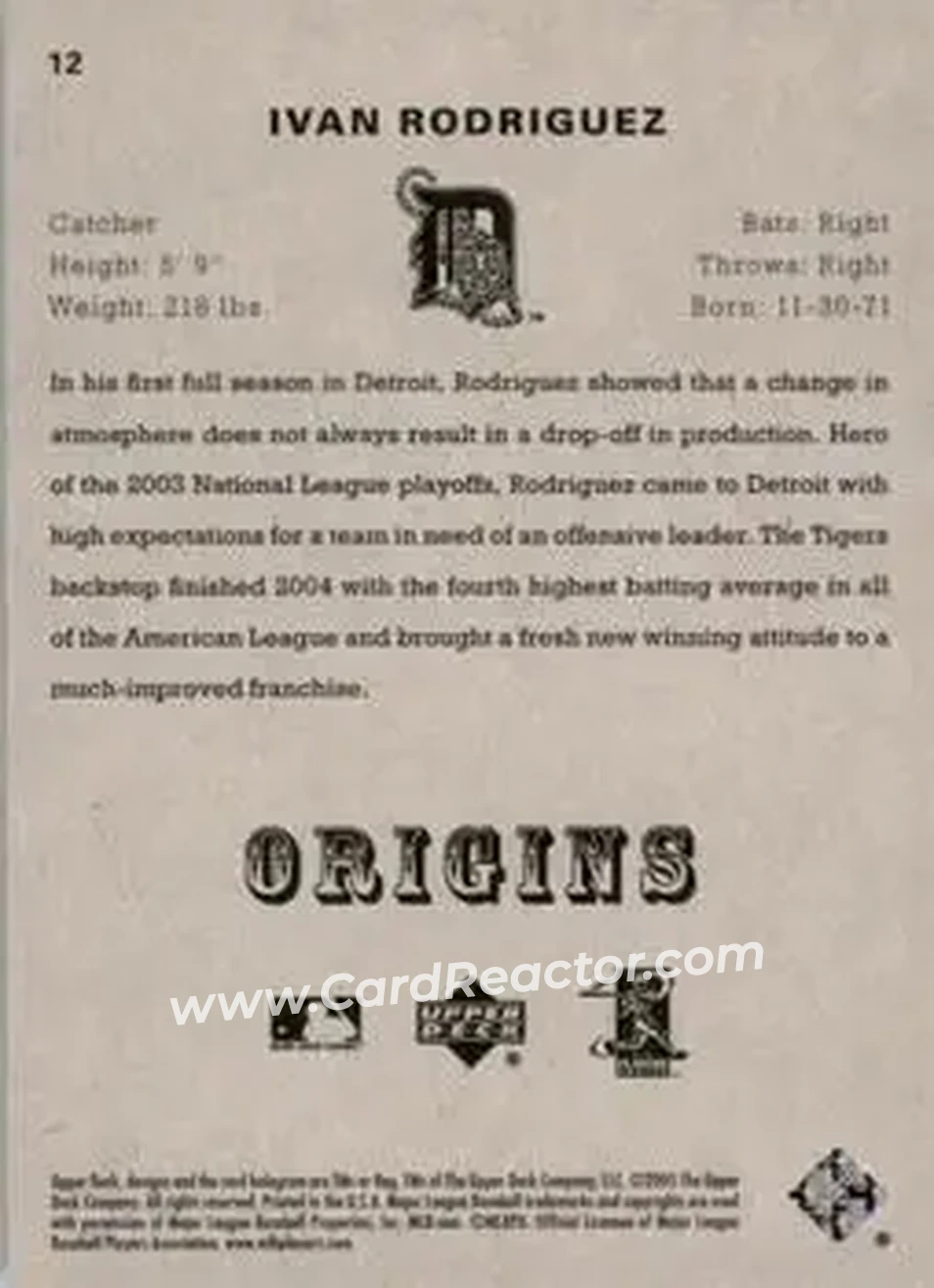 2005 UD Origins #12 - Ivan Rodriguez - Detroit Tigers - Back