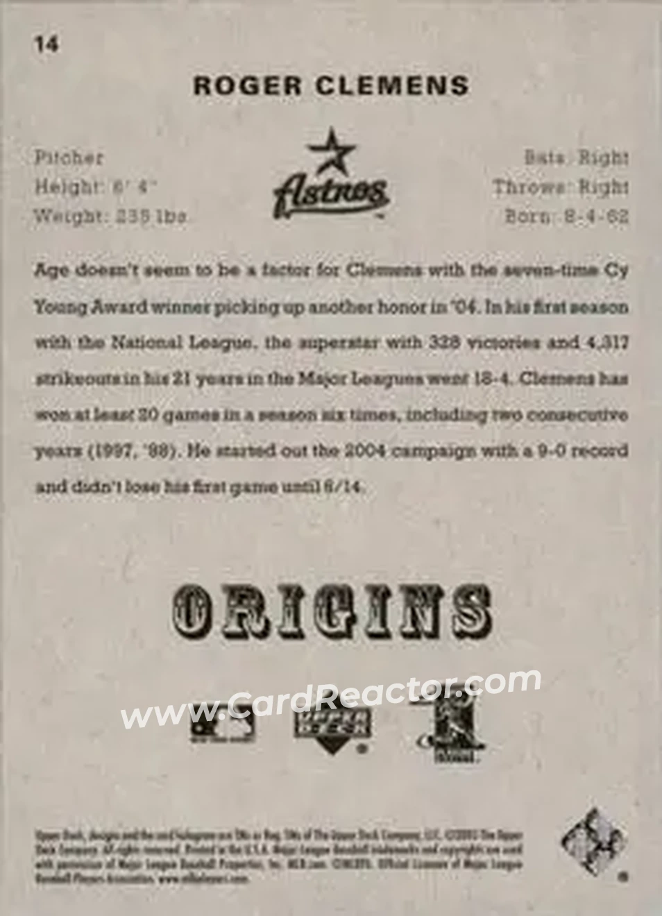 2005 UD Origins #14 - Roger Clemens - Houston Astros - Back
