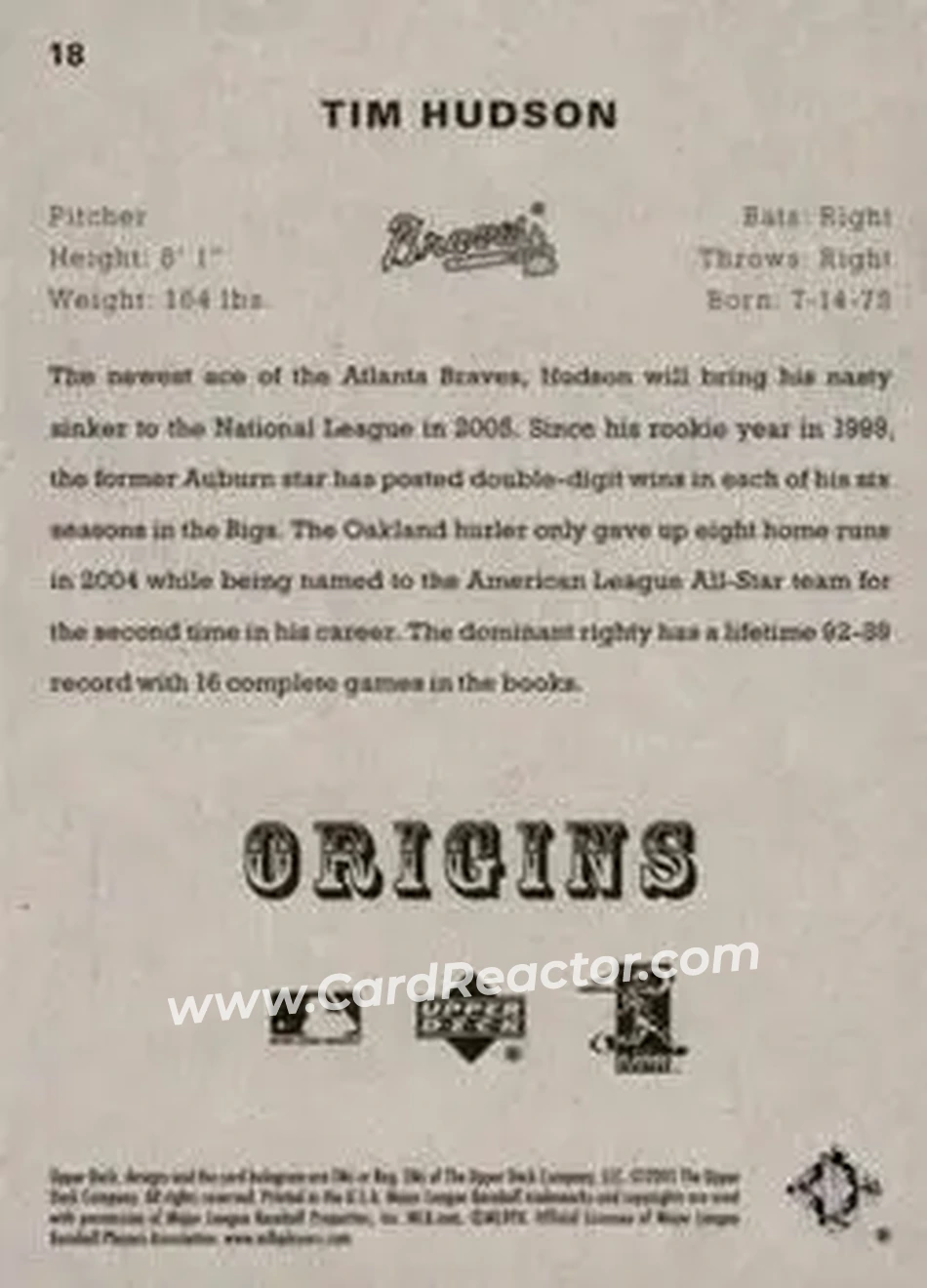 2005 UD Origins #18 - Tim Hudson - Atlanta Braves - Back 2005 UD Origins #18 - Tim Hudson - Atlanta Braves - Back
