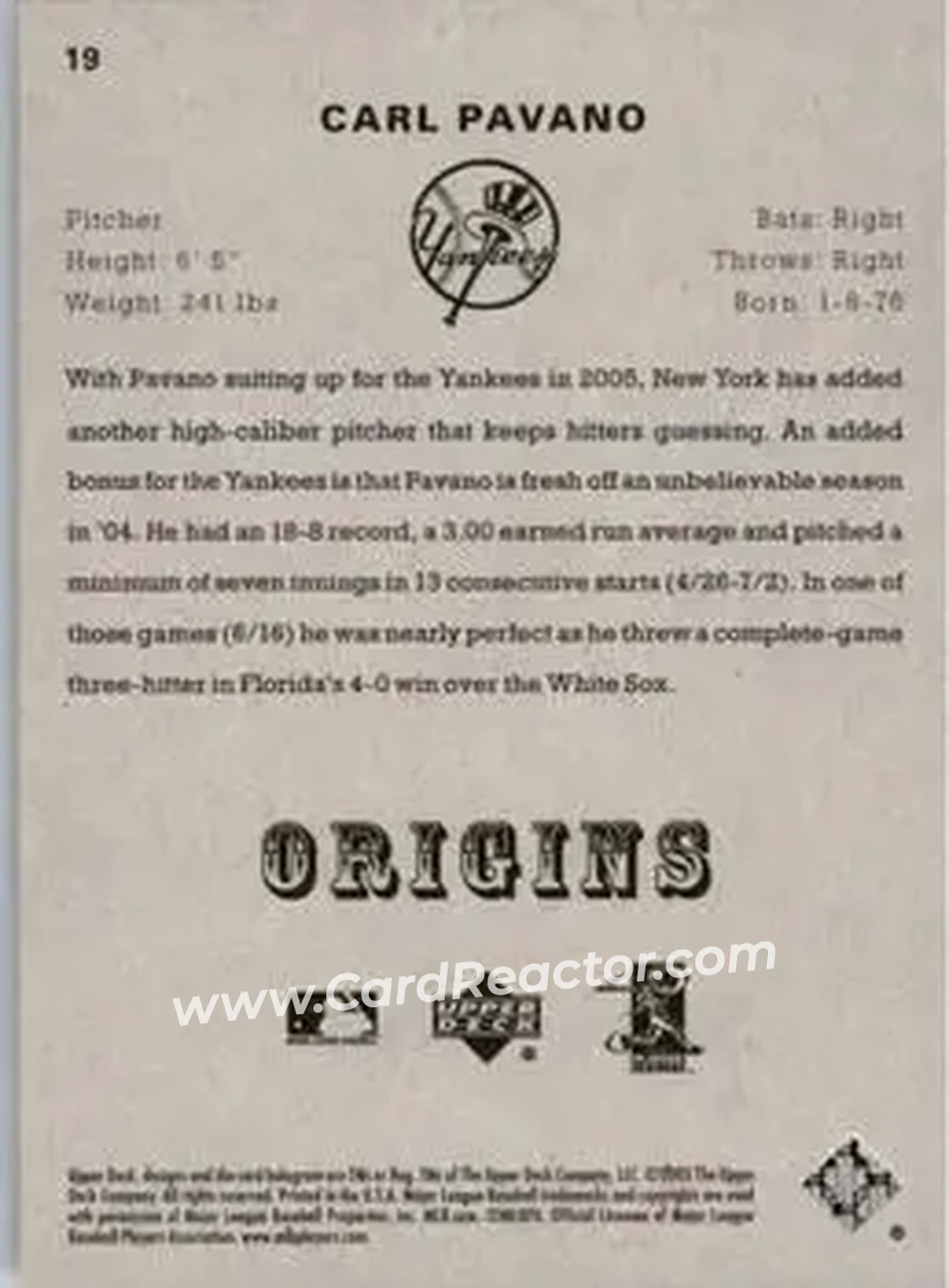 2005 UD Origins #19 - Carl Pavano - New York Yankees - Back 2005 UD Origins #19 - Carl Pavano - New York Yankees - Back