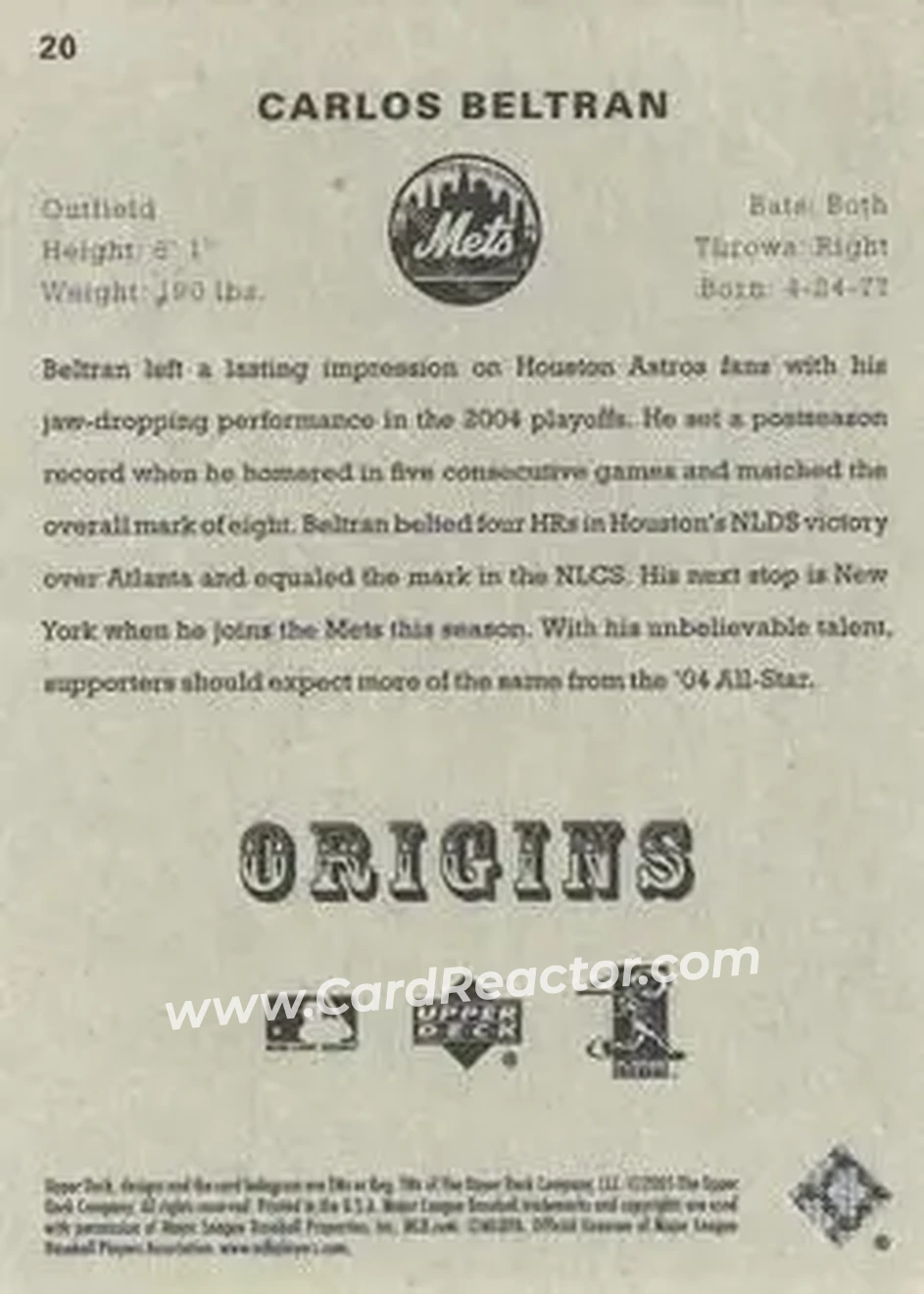 2005 UD Origins #20 - Carlos Beltran - New York Mets - Back