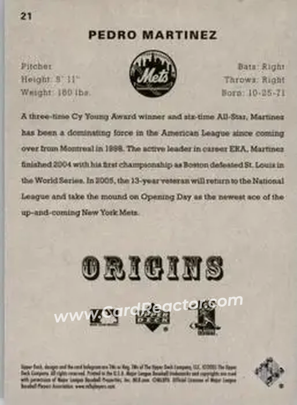 2005 UD Origins #21 - Pedro Martinez - New York Mets - Back