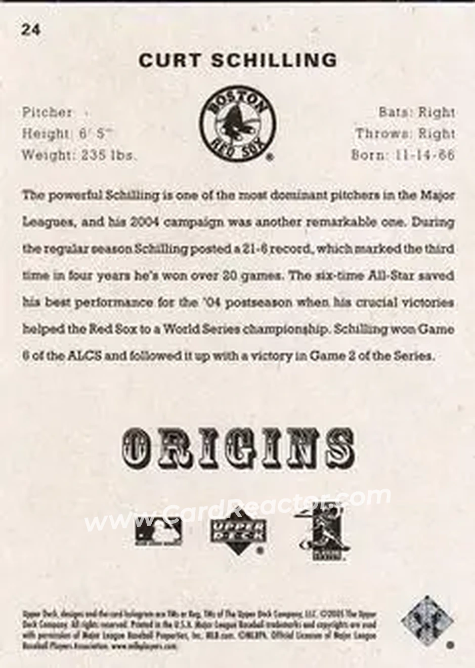 2005 UD Origins #24 - Curt Schilling - Boston Red Sox - Back