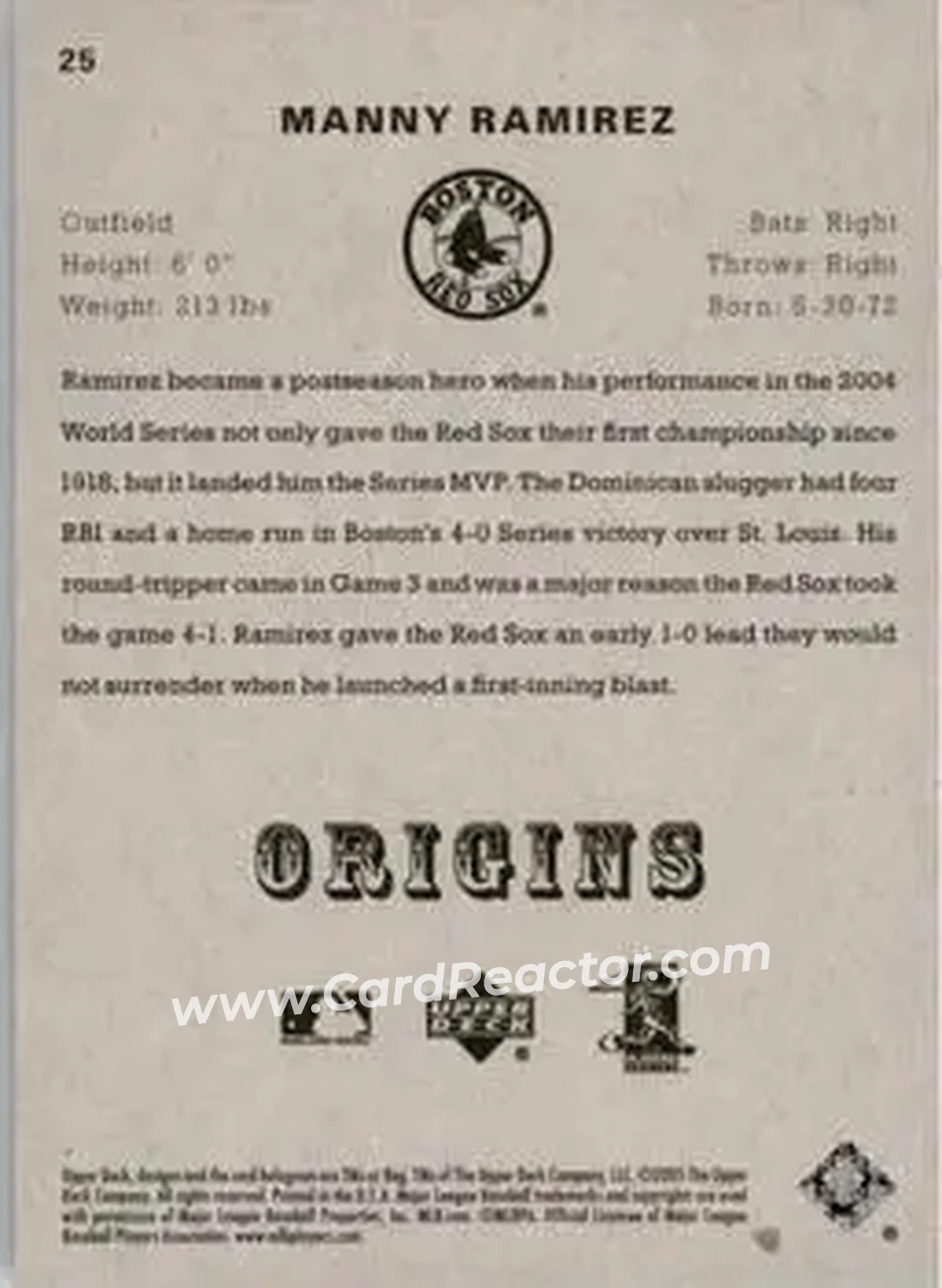 2005 UD Origins #25 - Manny Ramirez - Boston Red Sox - Back