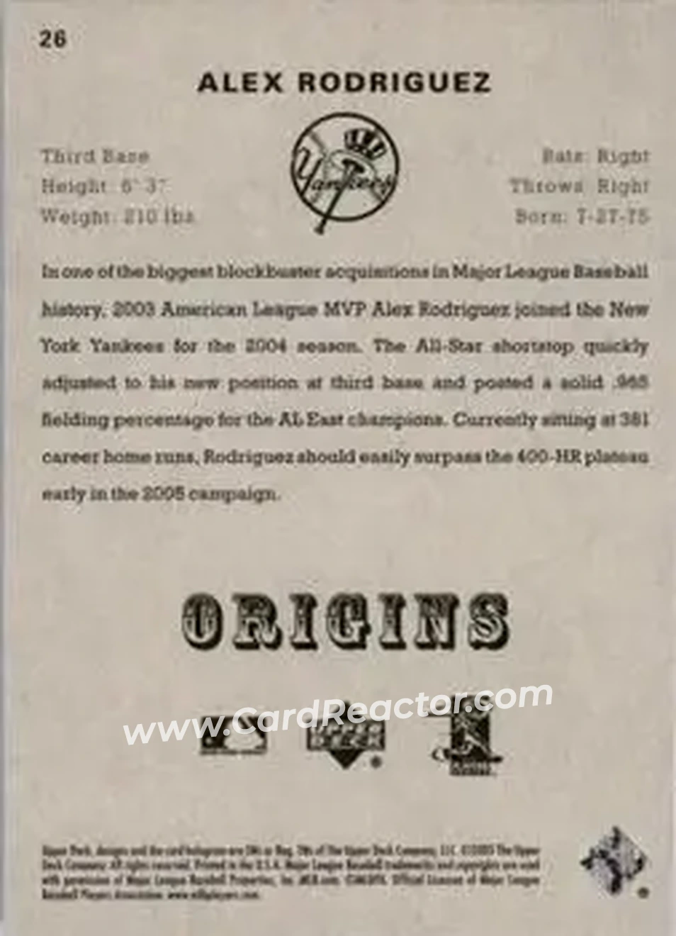 2005 UD Origins #26 - Alex Rodriguez - New York Yankees - Back
