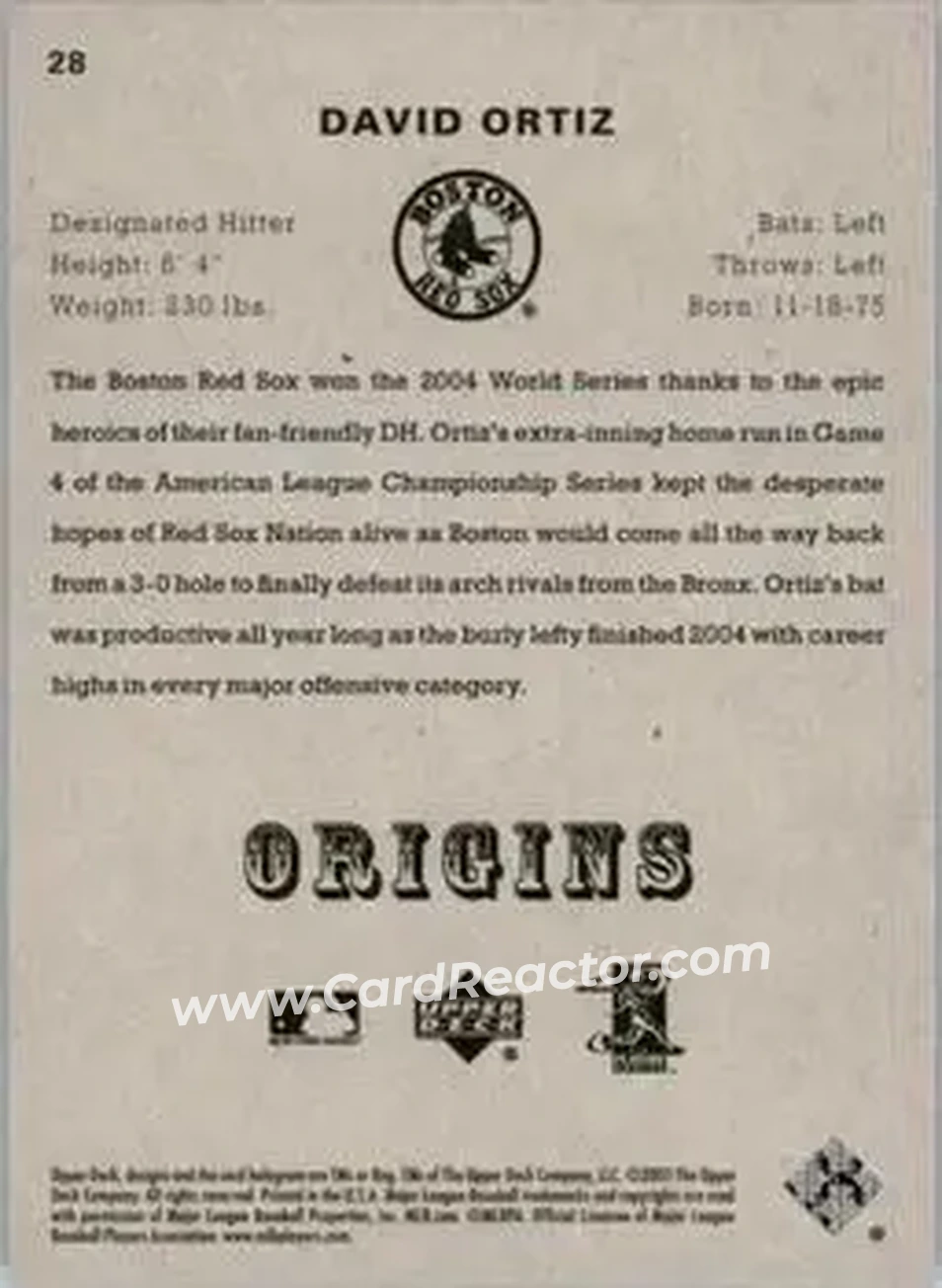 2005 UD Origins #28 - David Ortiz - Boston Red Sox - Back