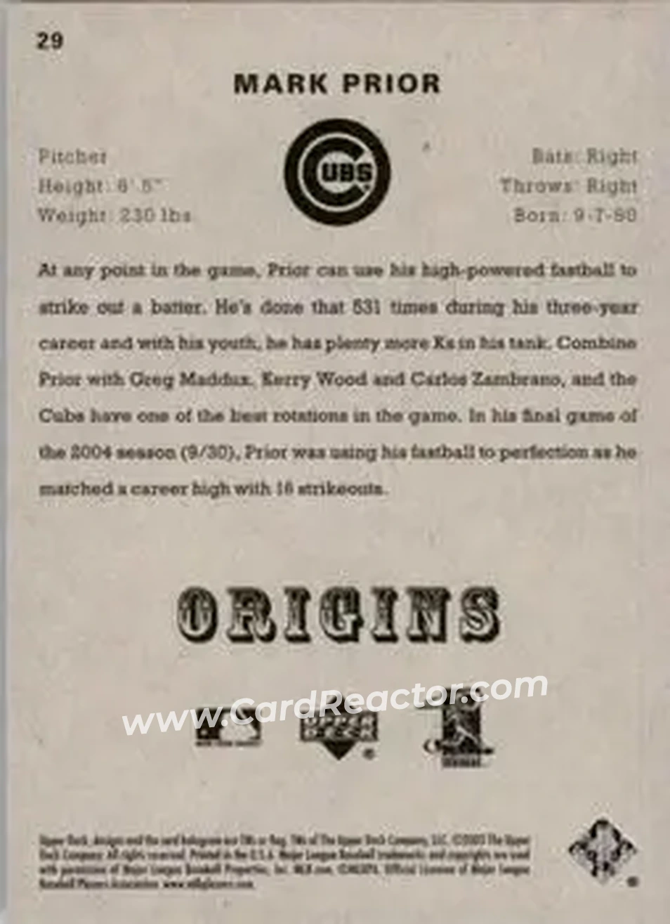 2005 UD Origins #29 - Mark Prior - Chicago Cubs - Back