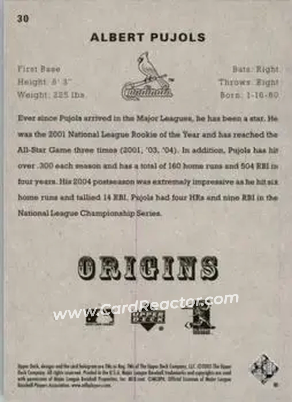 2005 UD Origins #30 - Albert Pujols - St. Louis Cardinals - Back 2005 UD Origins #30 - Albert Pujols - St. Louis Cardinals - Back