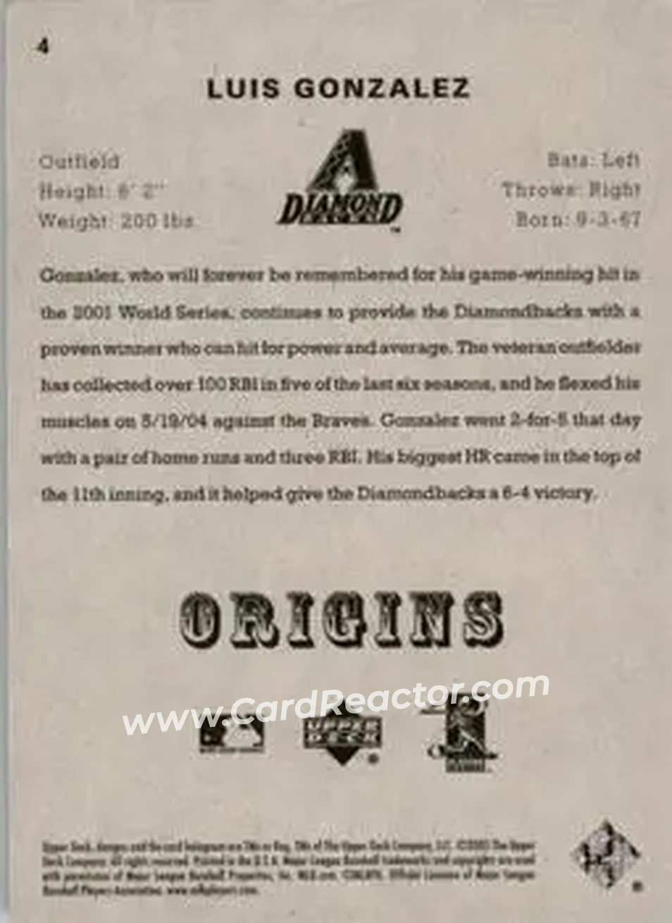 2005 UD Origins #4 - Luis Gonzalez - Arizona Diamondbacks - Back
