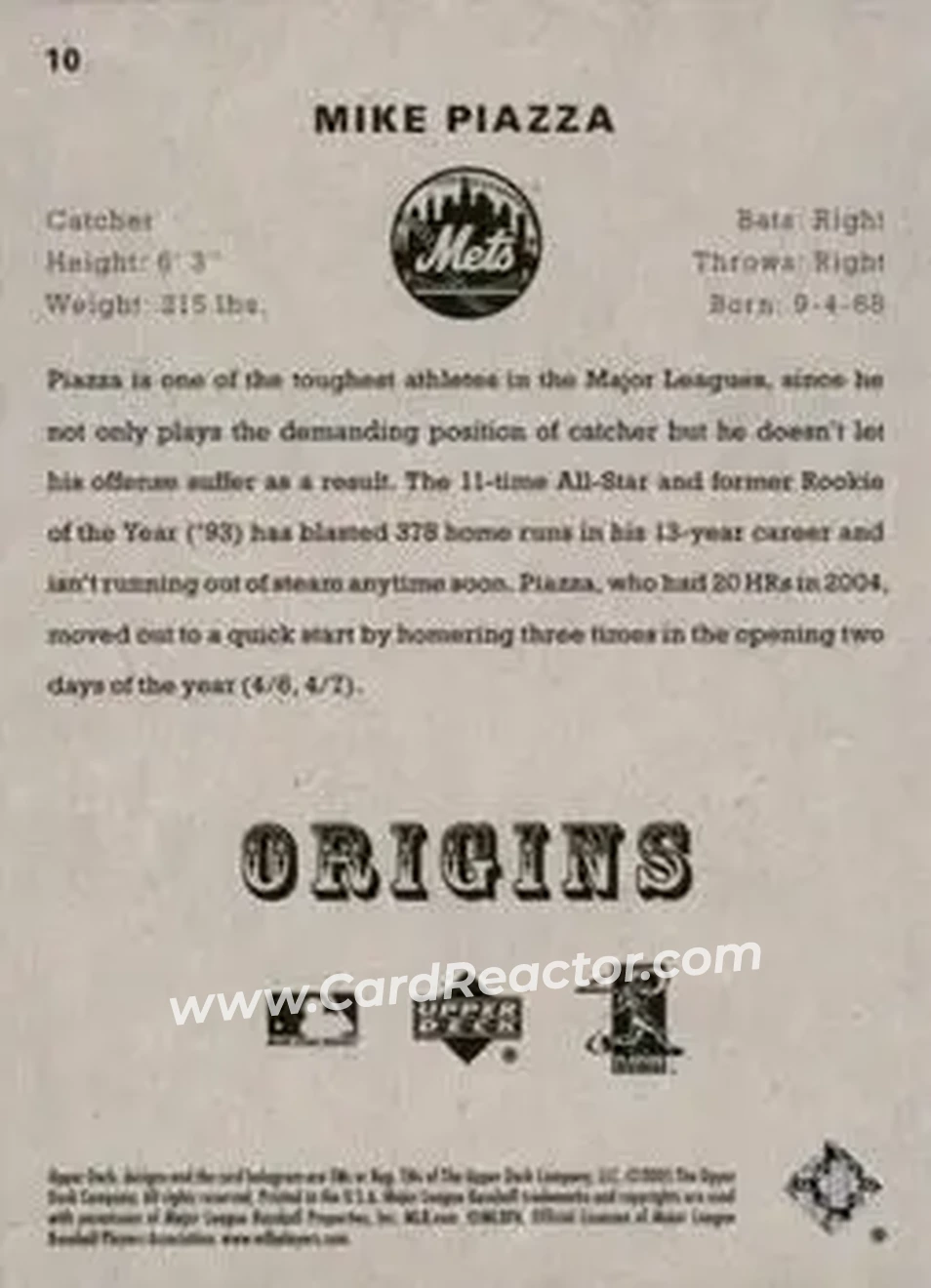 2005 UD Origins #10 - Mike Piazza - New York Mets - Back