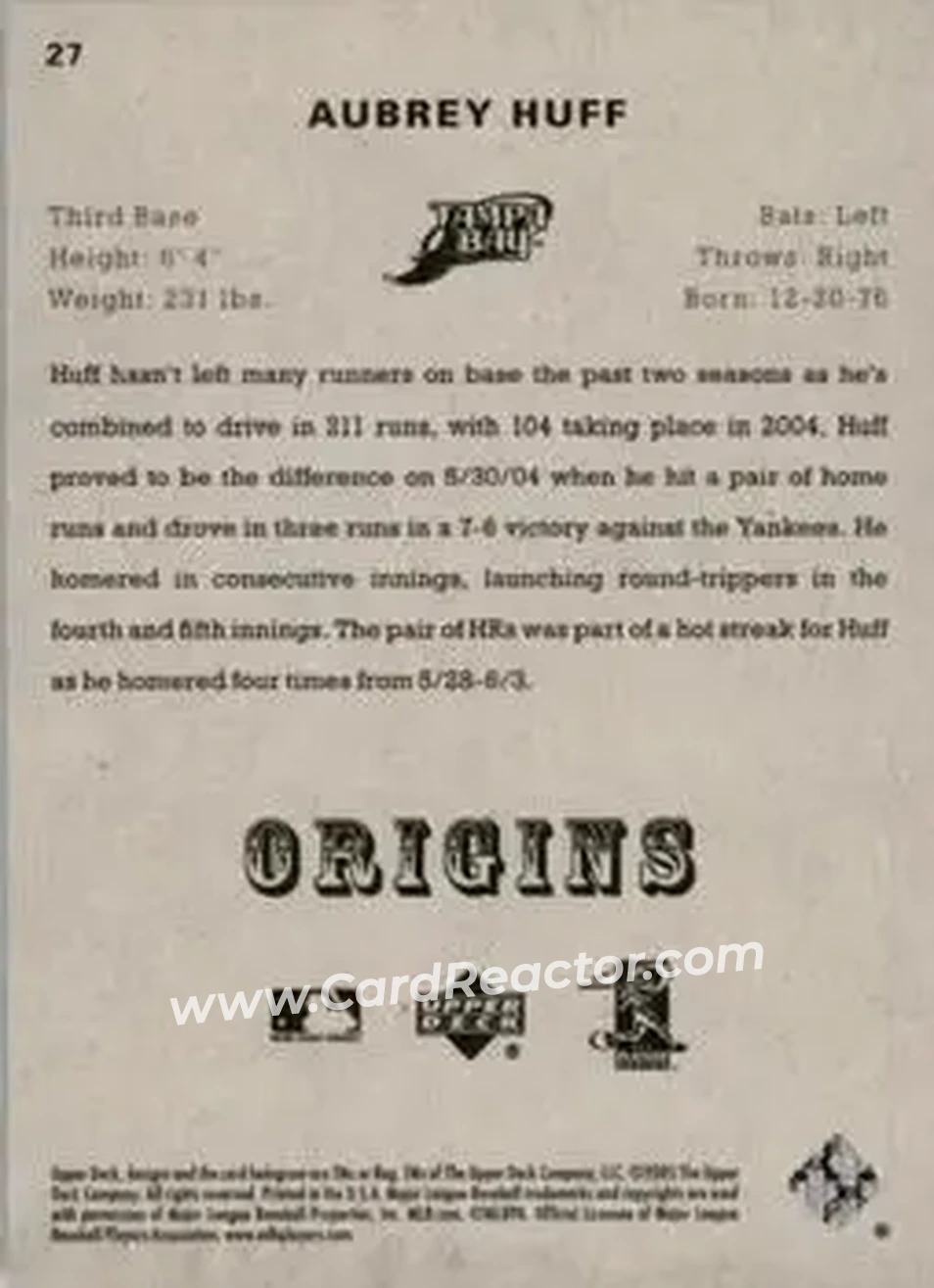 2005 UD Origins #27 - Aubrey Huff - Tampa Bay Devil Rays - Back