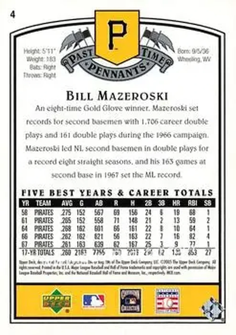 2005 UD Past Time Pennants #4 - Bill Mazeroski - Pittsburgh Pirates - Back