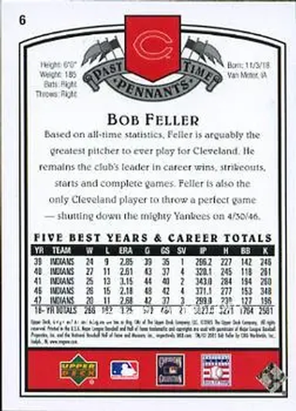 2005 UD Past Time Pennants #6 - Bob Feller - Cleveland Indians - Back