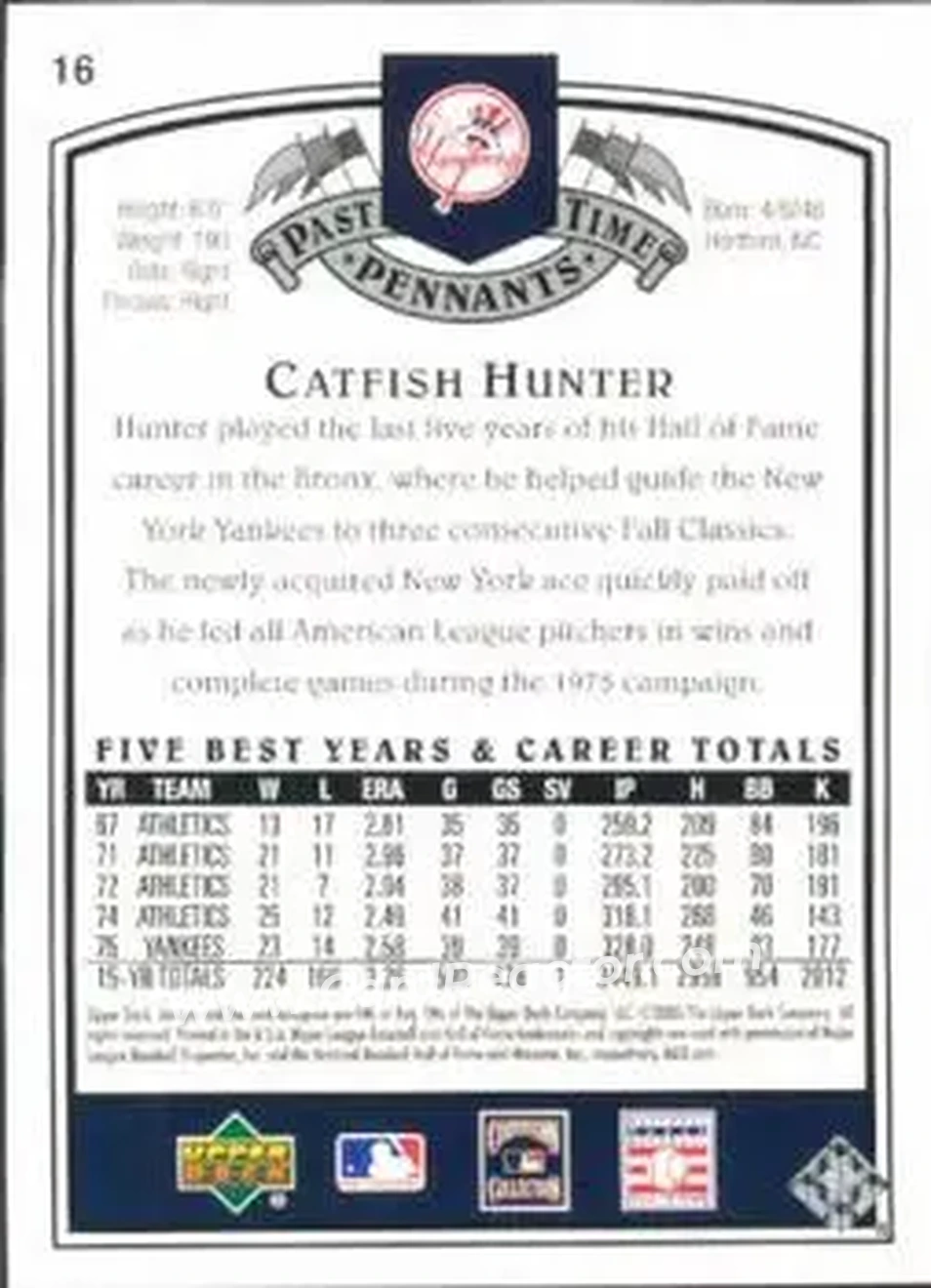 2005 UD Past Time Pennants #16 - Jim Hunter - New York Yankees - Back 2005 UD Past Time Pennants #16 - Jim Hunter - New York Yankees - Back