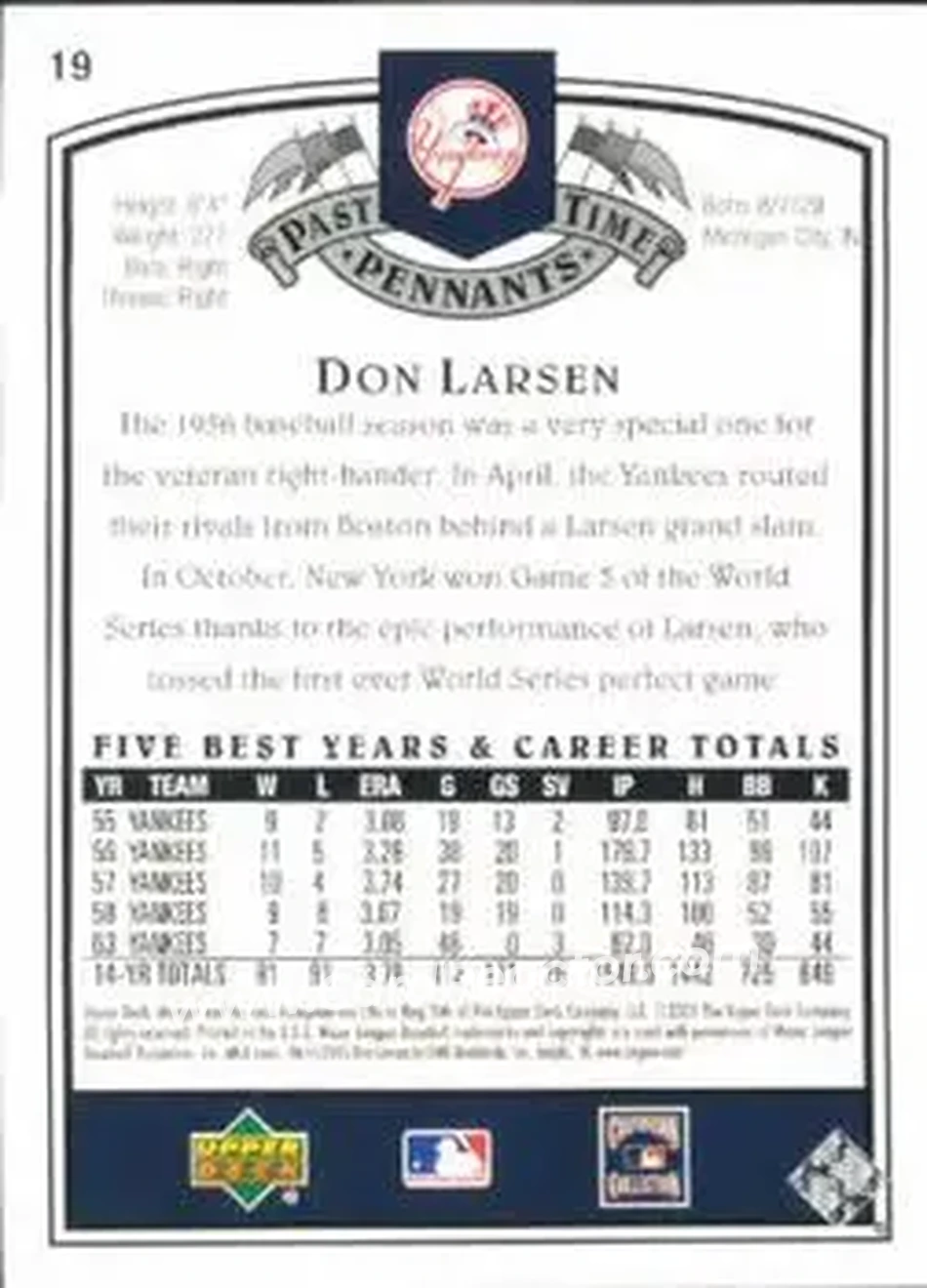 2005 UD Past Time Pennants #19 - Don Larsen - New York Yankees - Back