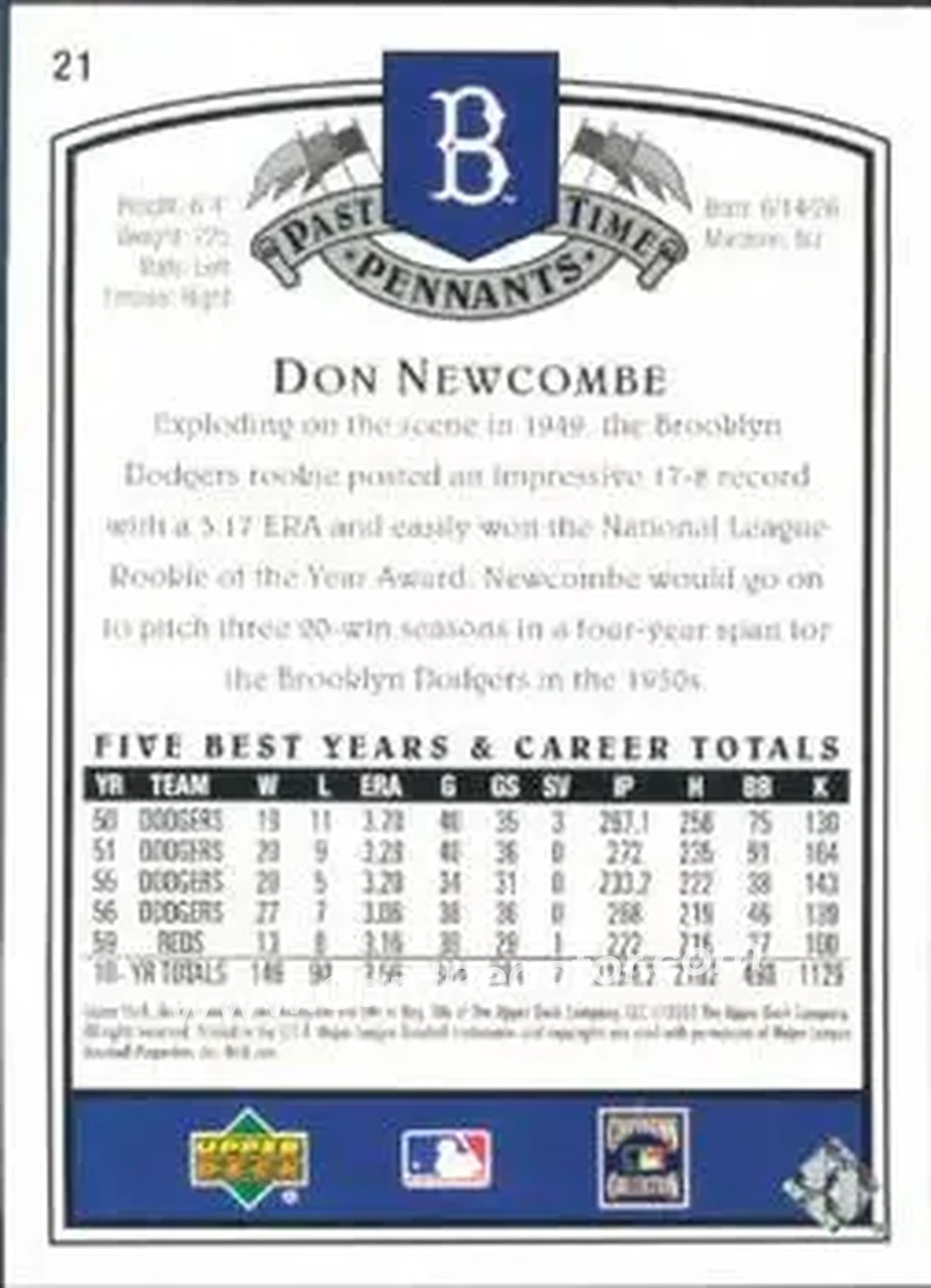 2005 UD Past Time Pennants #21 - Don Newcombe - Los Angeles Dodgers - Back