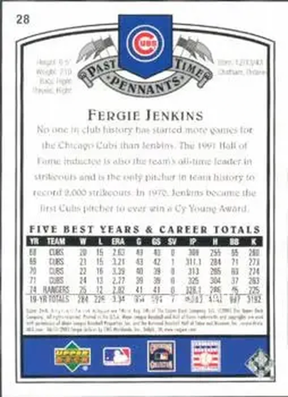 2005 UD Past Time Pennants #28 - Ferguson Jenkins - Chicago Cubs - Back