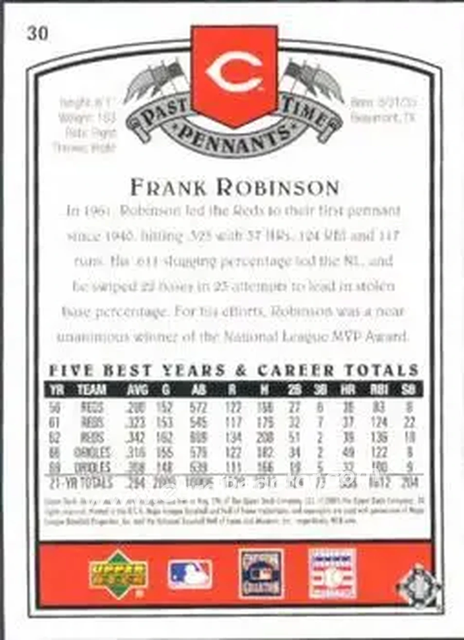 2005 UD Past Time Pennants #30 - Frank Robinson - Cincinnati Reds - Back