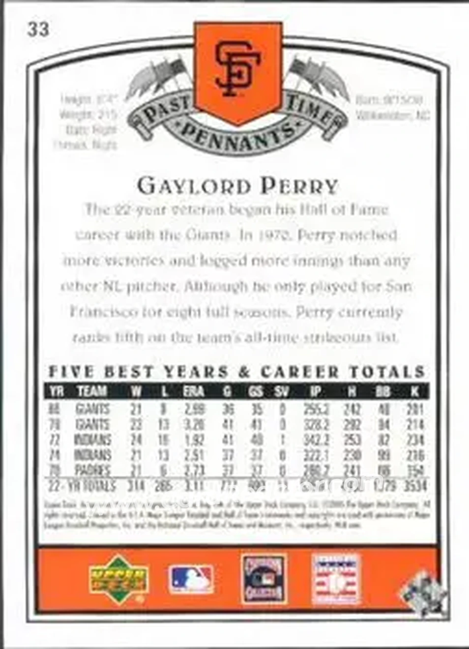 2005 UD Past Time Pennants #33 - Gaylord Perry - San Francisco Giants - Back