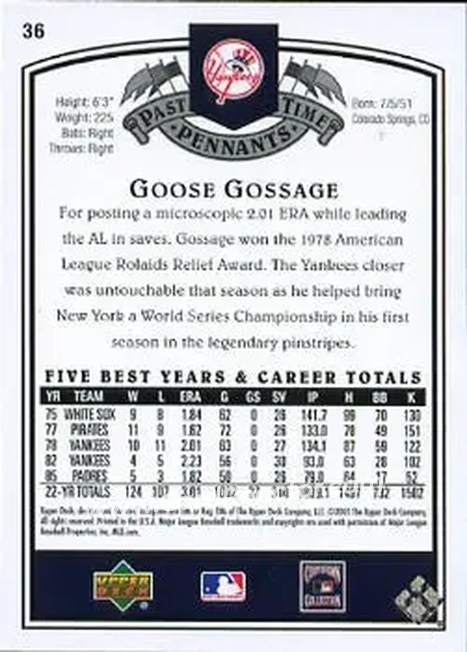 2005 UD Past Time Pennants #36 - Rich Gossage - New York Yankees - Back