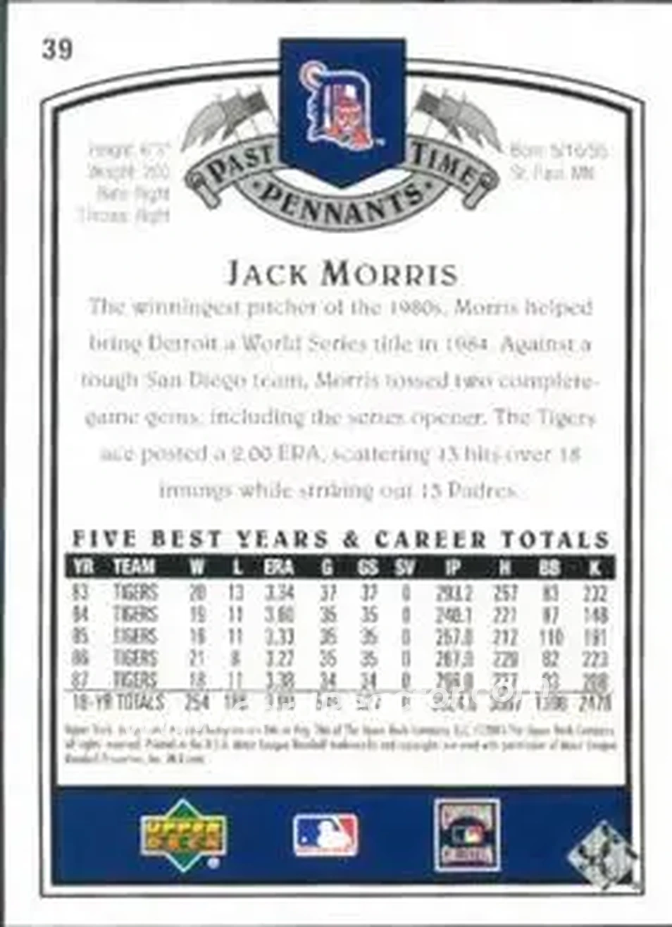 2005 UD Past Time Pennants #39 - Jack Morris - Detroit Tigers - Back 2005 UD Past Time Pennants #39 - Jack Morris - Detroit Tigers - Back
