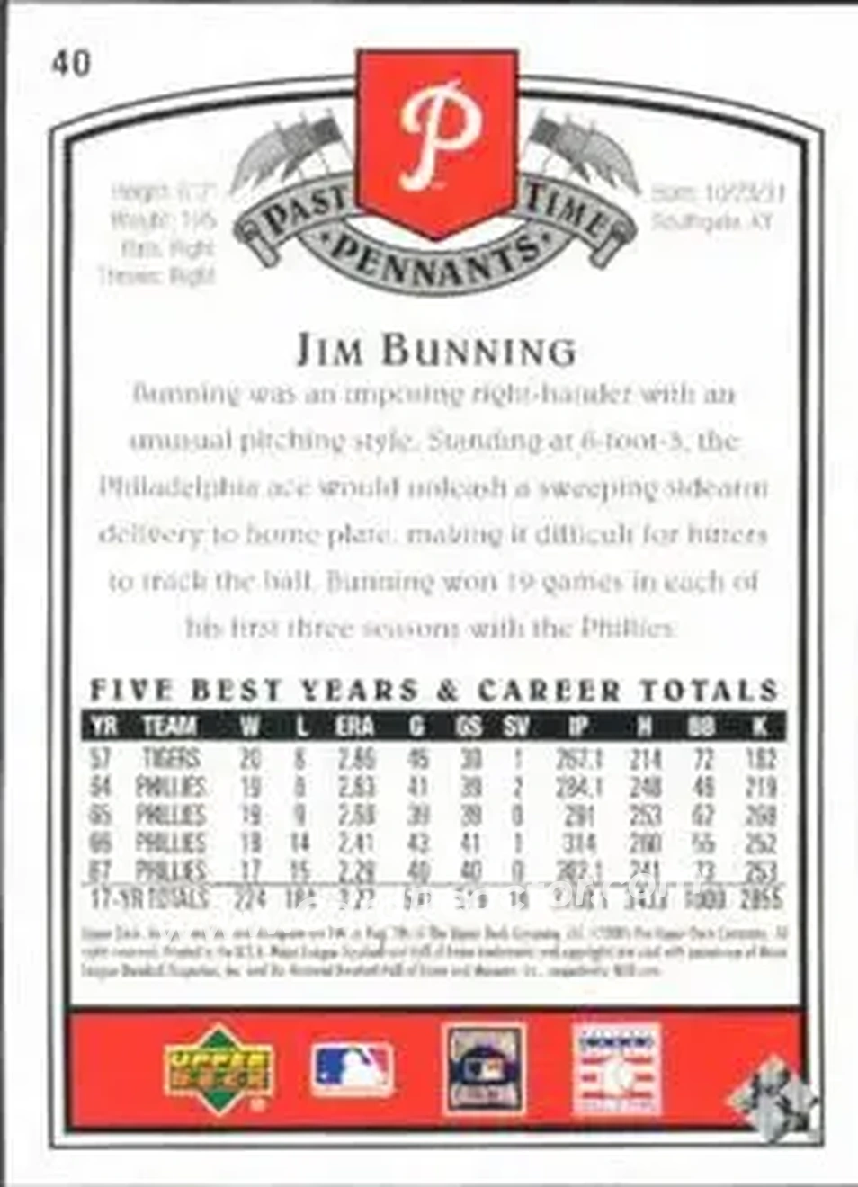 2005 UD Past Time Pennants #40 - Jim Bunning - Philadelphia Phillies - Back
