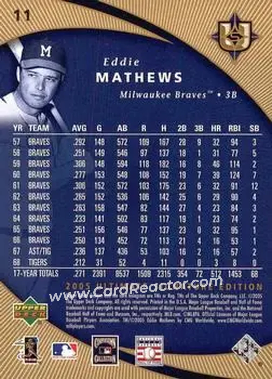 2005 UD Ultimate Signature Edition #11 - Ed Mathews - Milwaukee Braves - Back 2005 UD Ultimate Signature Edition #11 - Ed Mathews - Milwaukee Braves - Back