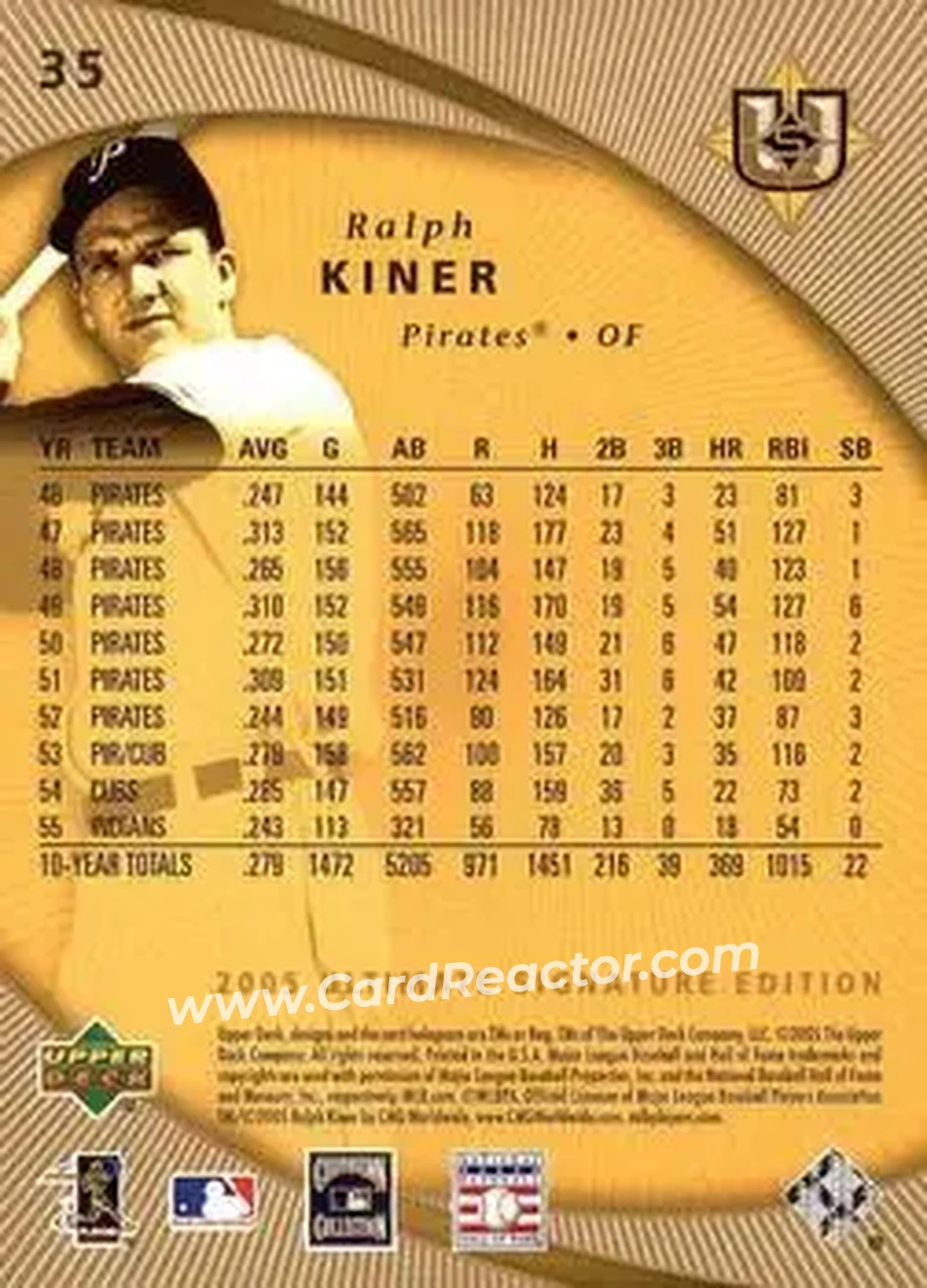 2005 UD Ultimate Signature Edition #35 - Ralph Kiner - Pittsburgh Pirates - Back